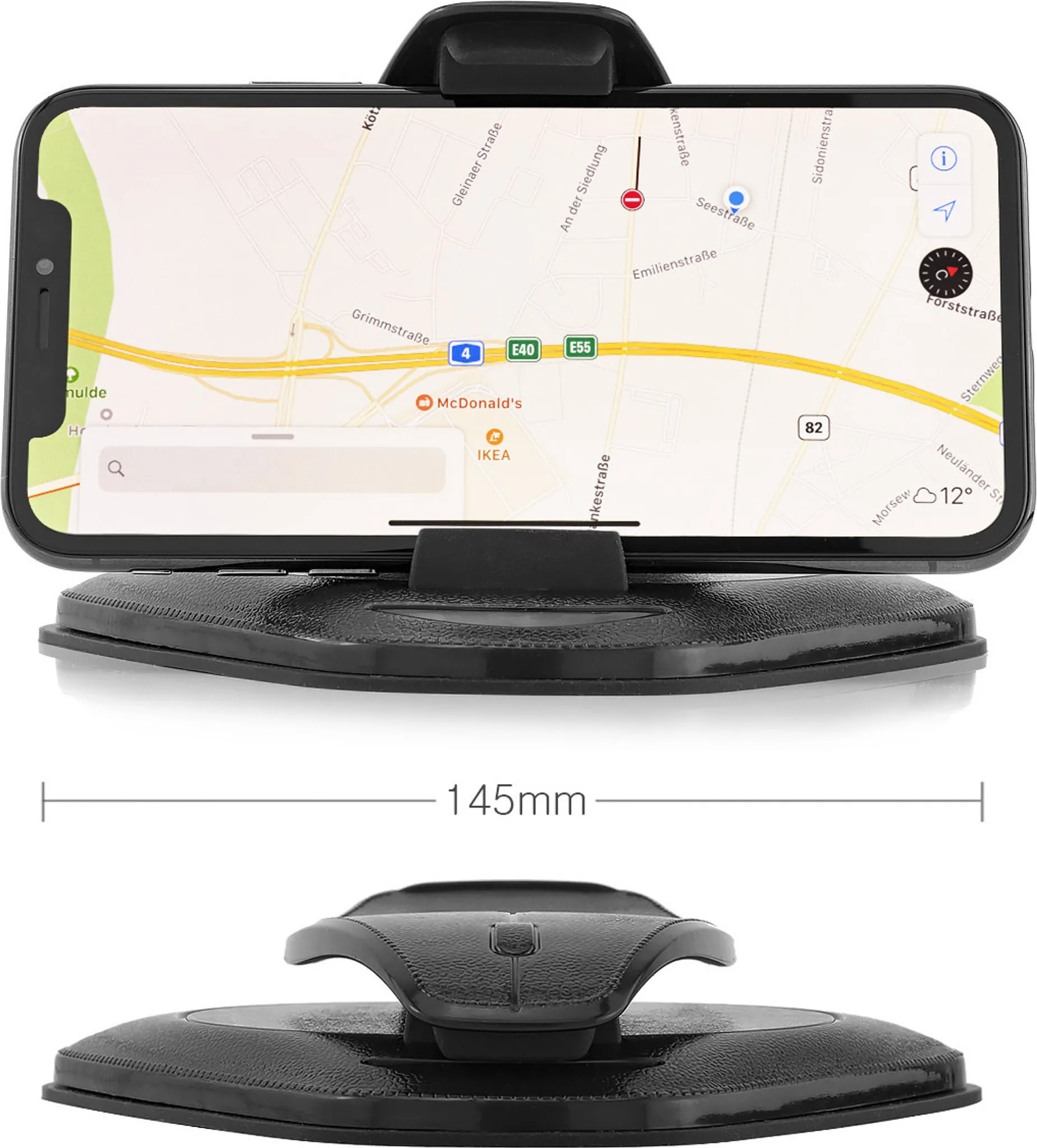 Ein Smartphone mit einer Karte ist an einer schwarzen Armaturenbrett-Halterung befestigt. Die Halterung ist 145 mm lang.