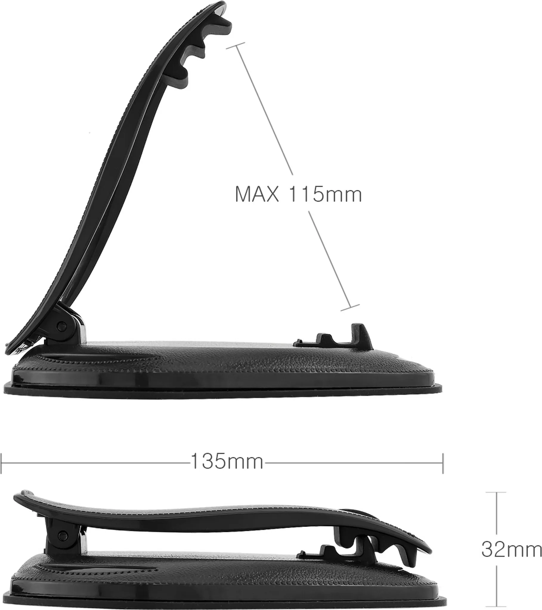 Eine schwarze Armaturenbrett-Halterung von der Seite und von oben gesehen. Abmessungen sind enthalten: 135mm, 115mm und 32mm.