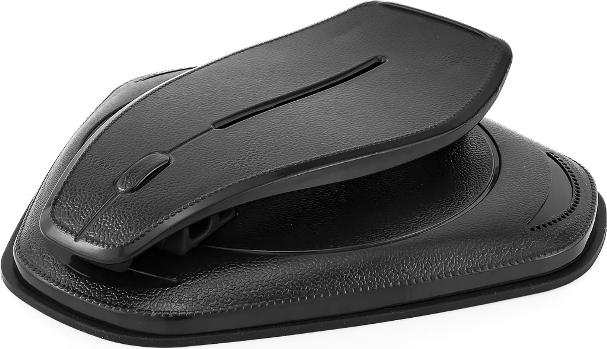 Eine schwarze Armaturenbrett-Halterung in zusammengeklappter Position. Die Halterung besteht aus strukturiertem, schwarzem Material.