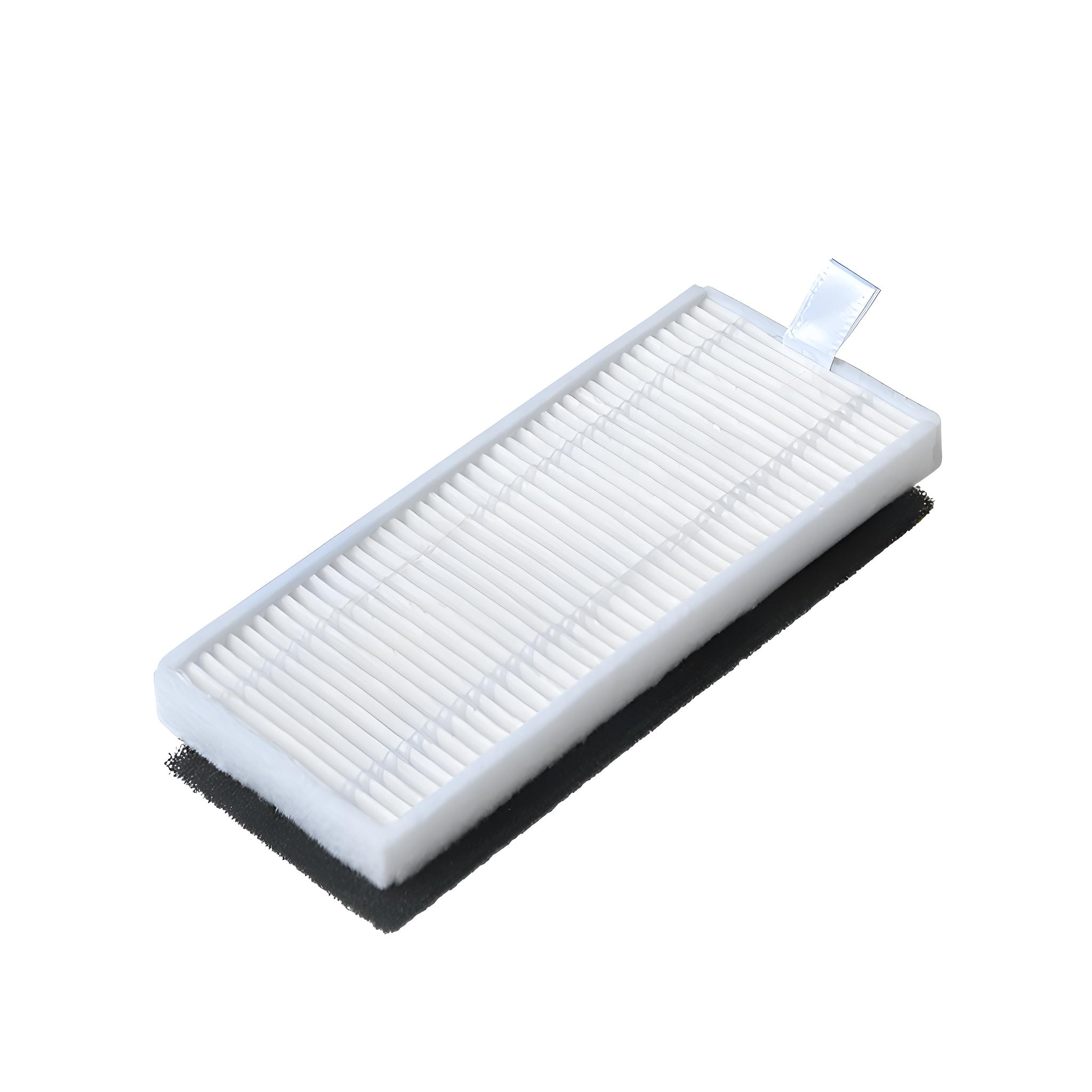 Ein weißer rechteckiger HEPA-Filter mit Griff, der für Staubsauger verwendet wird, vor einem schlichten weißen Hintergrund.