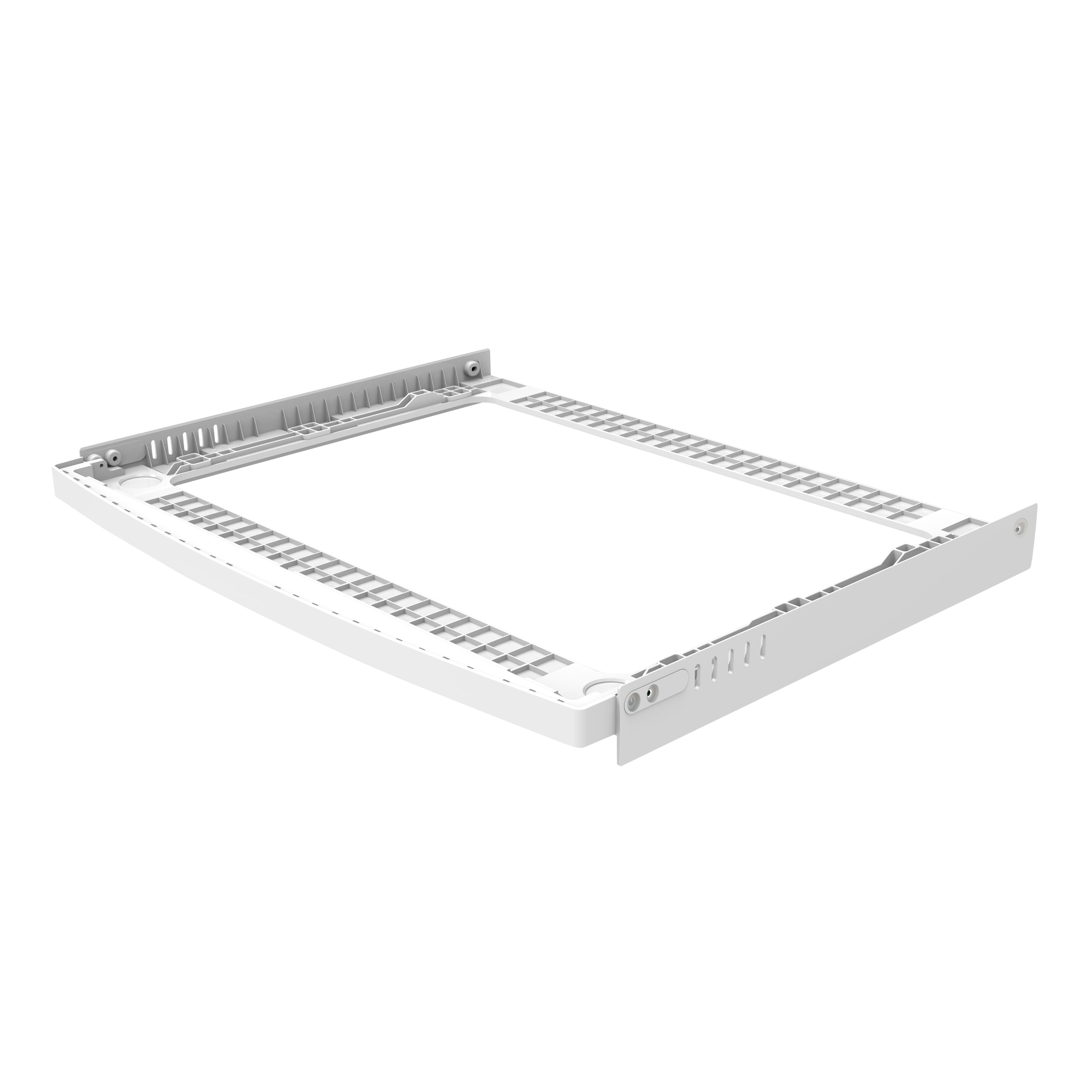 Een wit, rechthoekig frame, met een platte basis en een rasterachtig patroon. Bovenkant heeft openingen en lijnen.