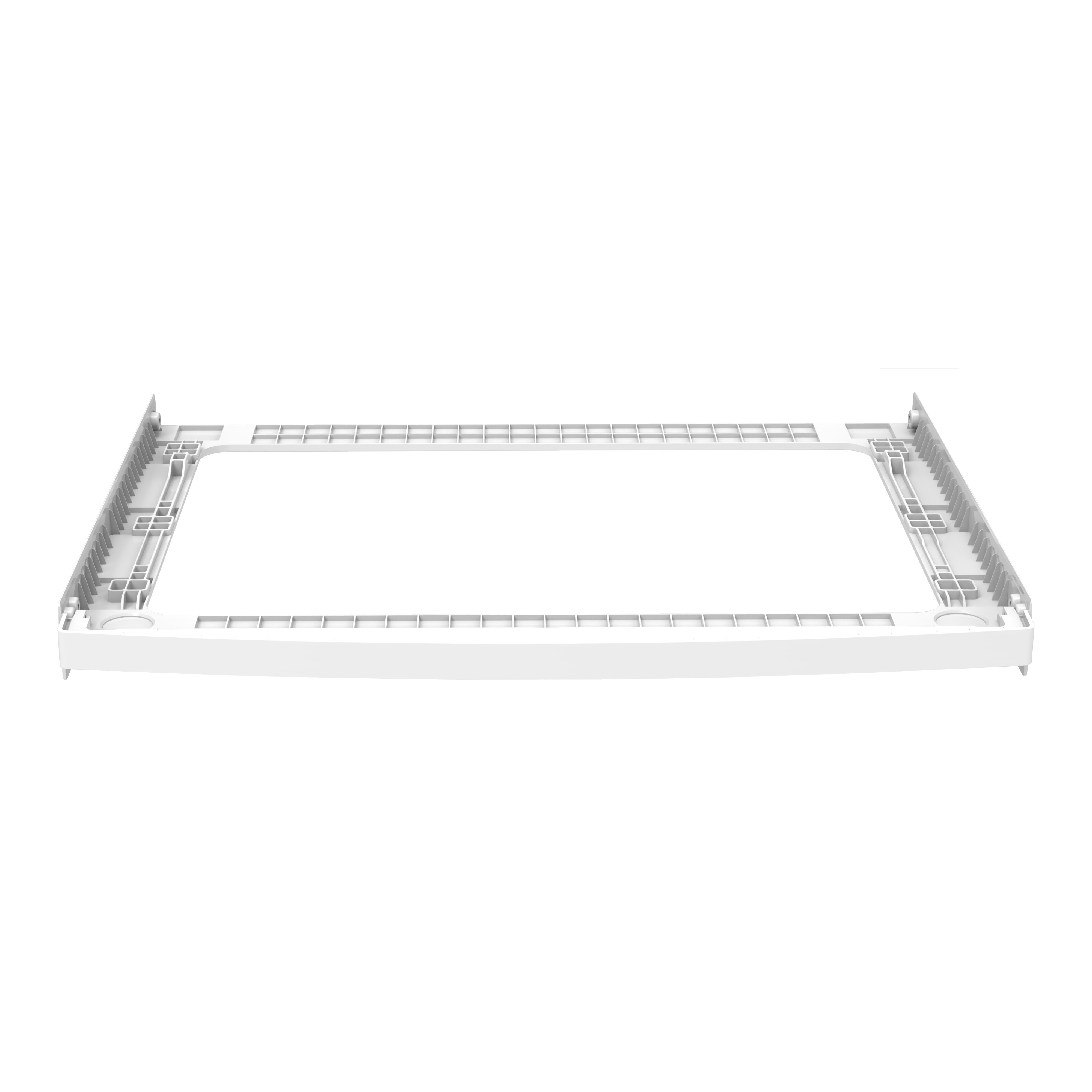 Een wit rechthoekig frame met een platte basis en een rasterachtig patroon. De bovenkant heeft kleine openingen.