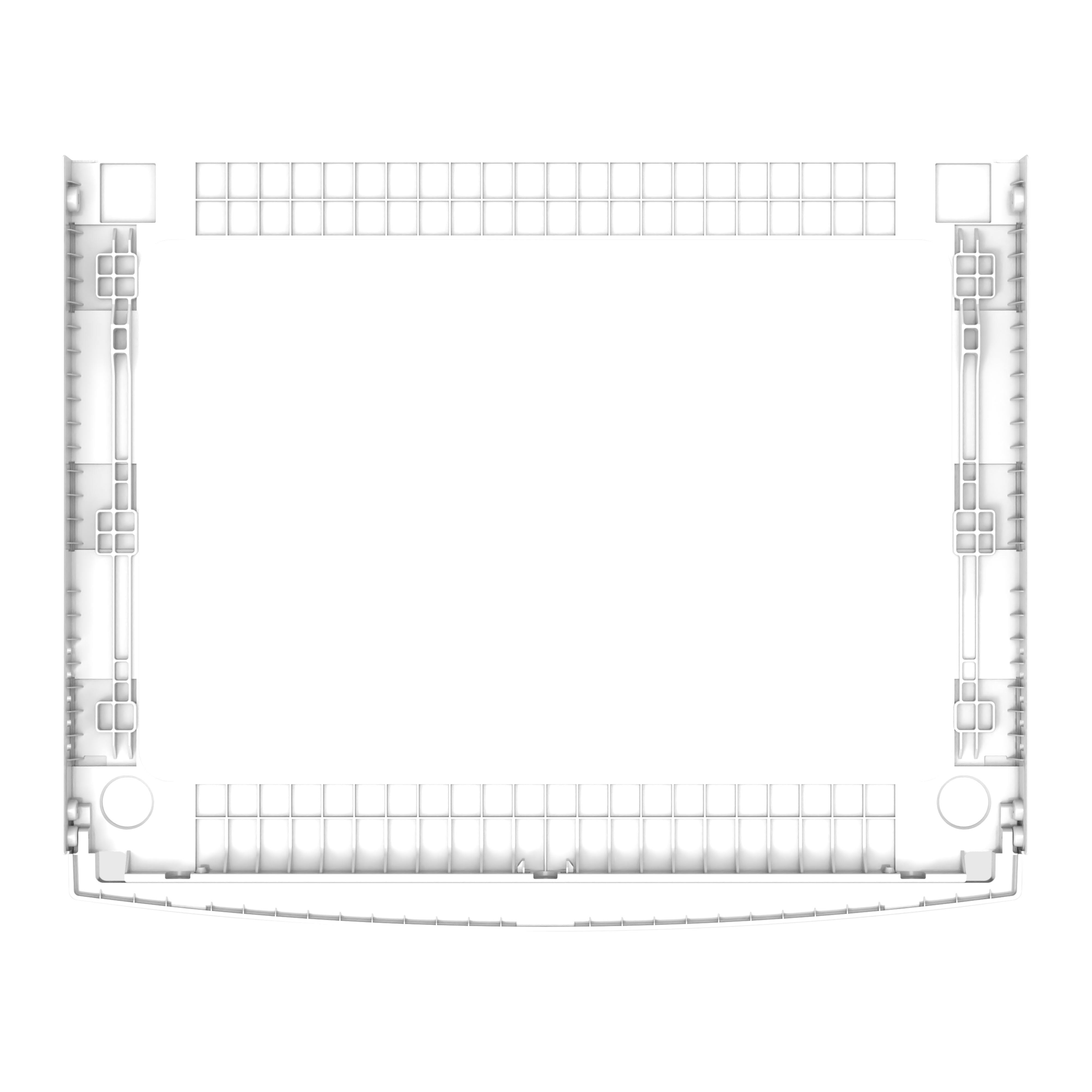 Een wit, rechthoekig frame met een platte basis en een rasterpatroon. De boven- en zijkanten hebben openingen.