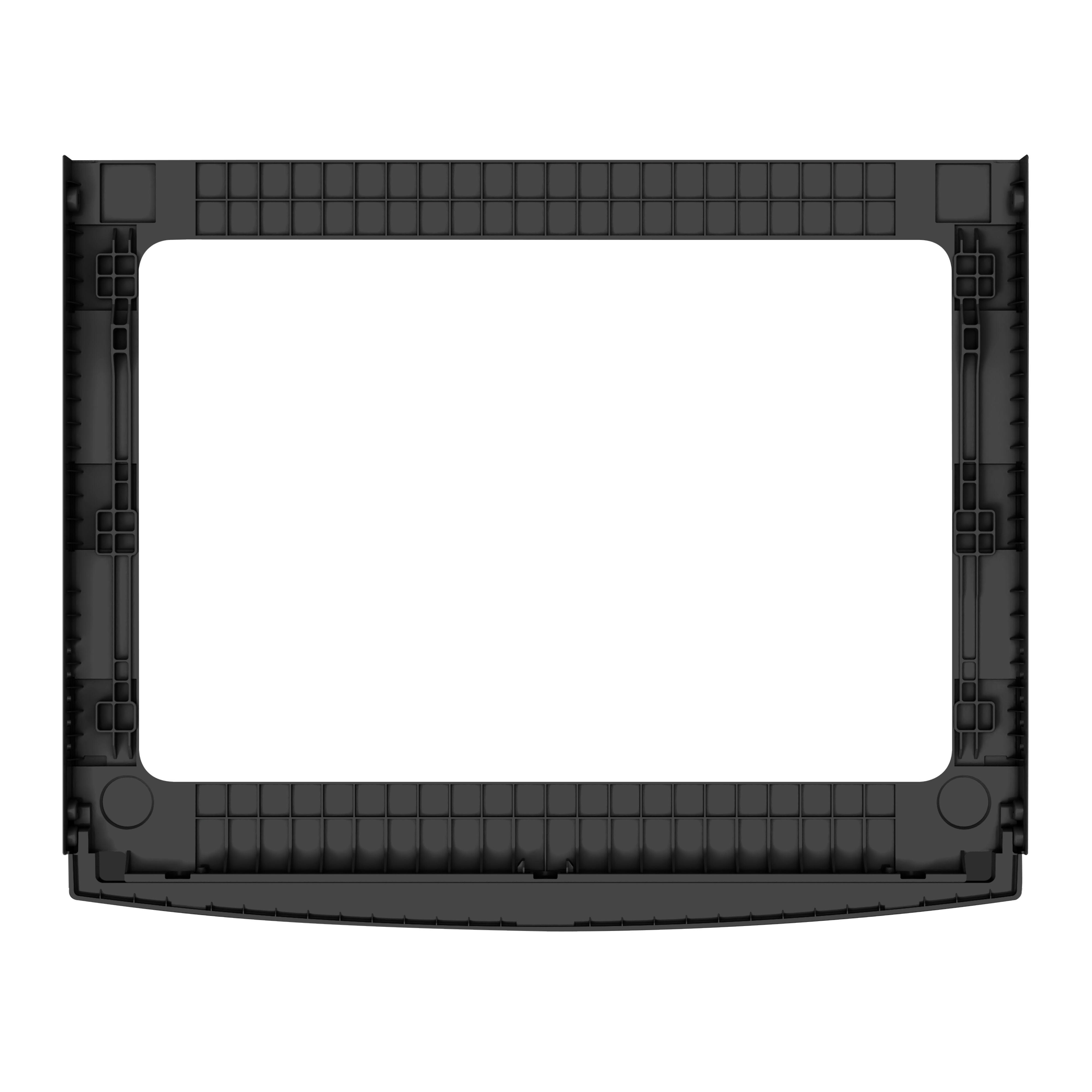 A black, rectangular frame with a flat base and a grid pattern. The top and sides have openings.