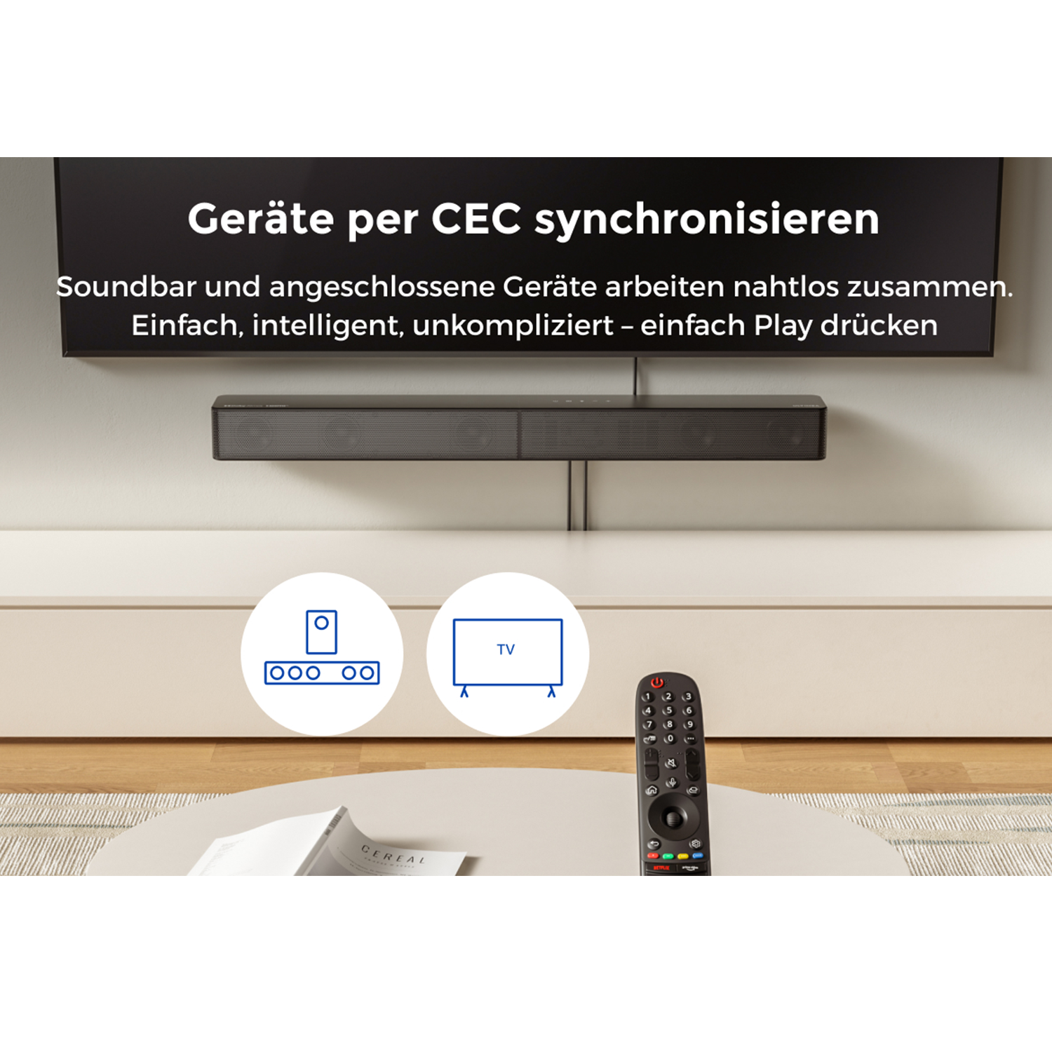 Eine Soundbar unter einem Fernseher, zwei Symbole, eine Fernbedienung auf einem Tisch. Text: Geräte per CEC synchronisieren.