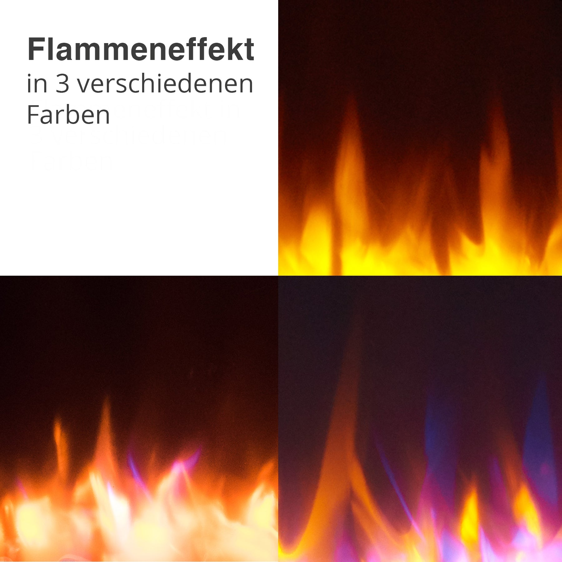 Eine Collage von Flammeneffekten in drei Farben: Orange, Rot und Blau.