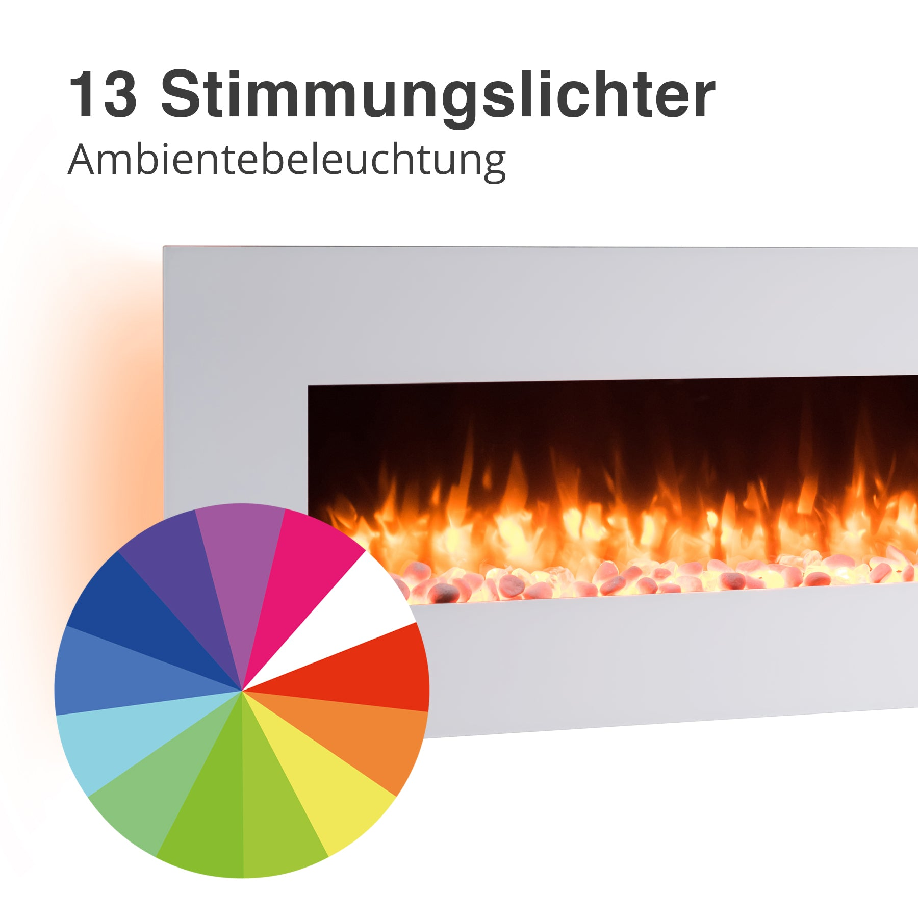 Ein elektrischer Kamin mit orangefarbenen Flammen und einem Farbrad mit Beleuchtungsoptionen.