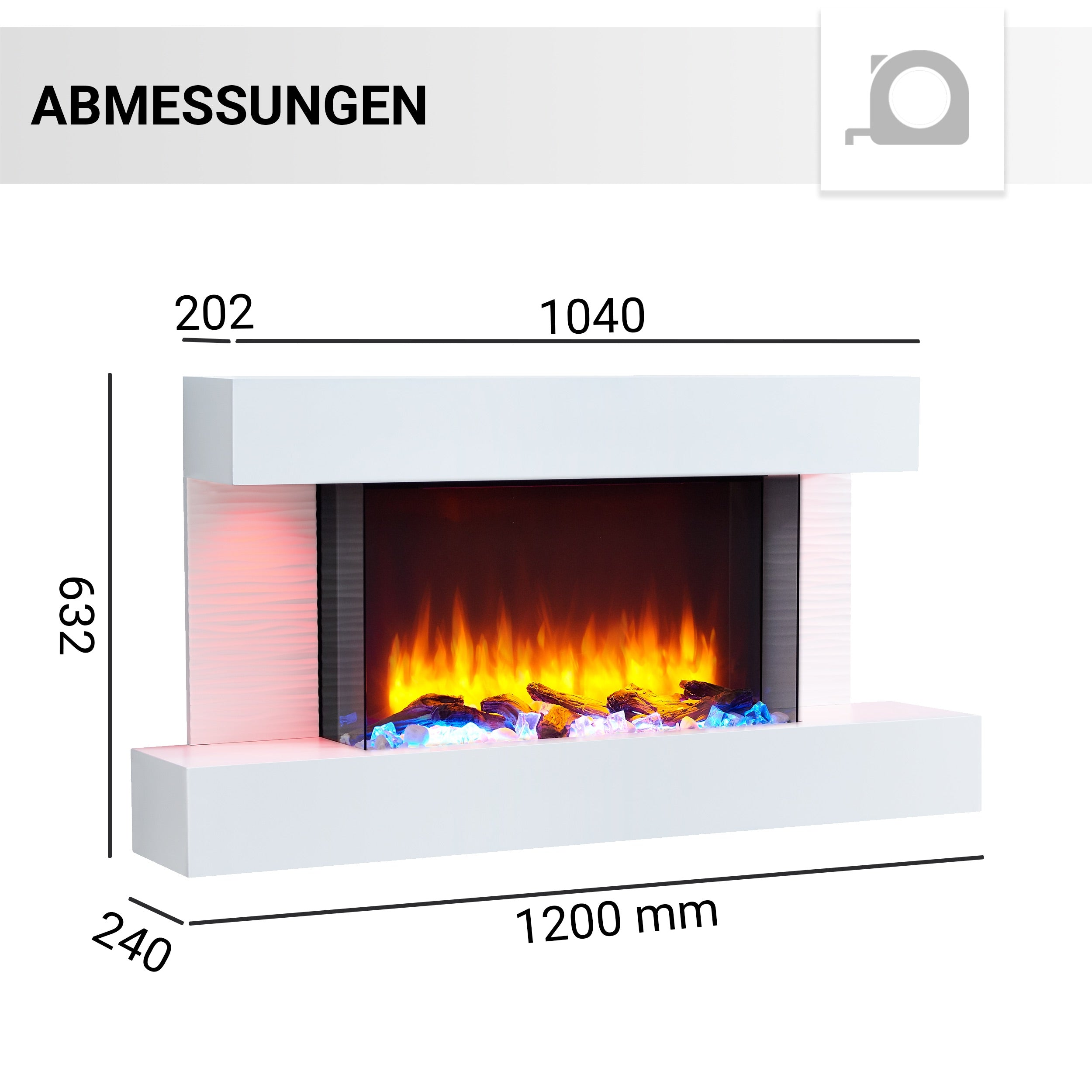Ein weißer Kamin mit Abmessungen. Orangefarbene Flammen sind sichtbar.