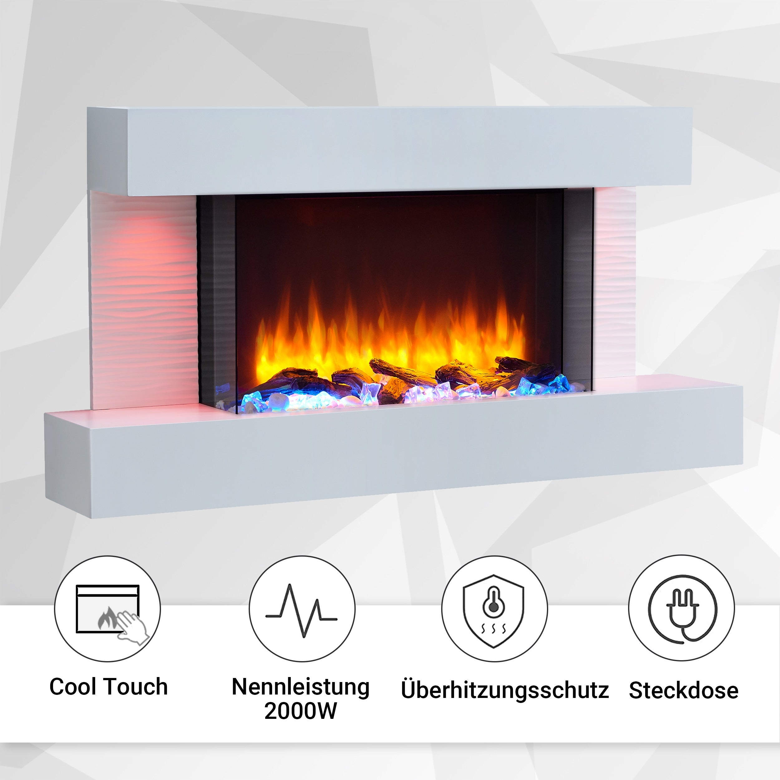 Ein elektrischer Kamin mit weißem Rahmen, blauen Flammen und Symbolen für Funktionen wie Cool Touch.