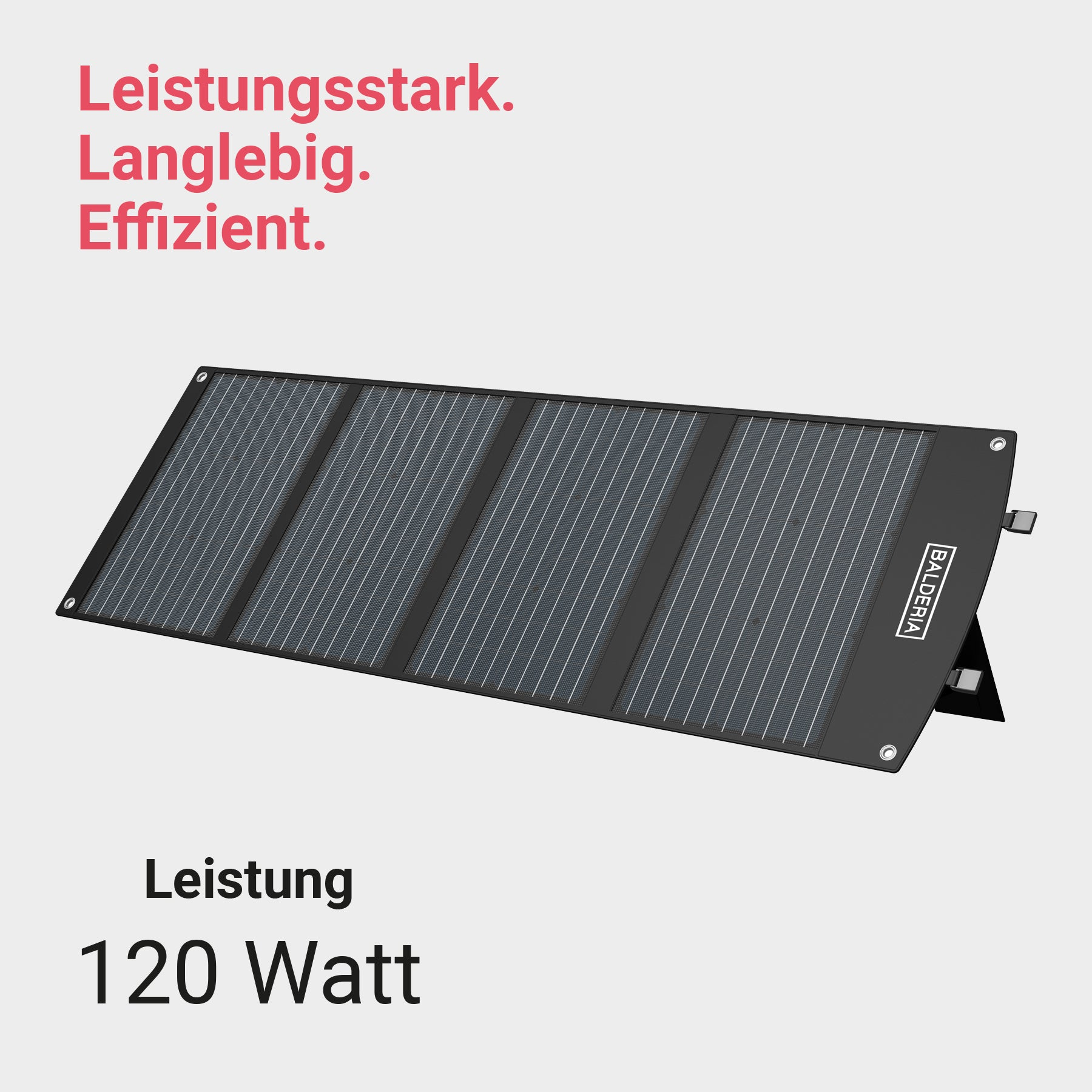 Solarpanel mit Text: Leistungsstark. Langlebig. Effizient. Text: Leistung 120 Watt.