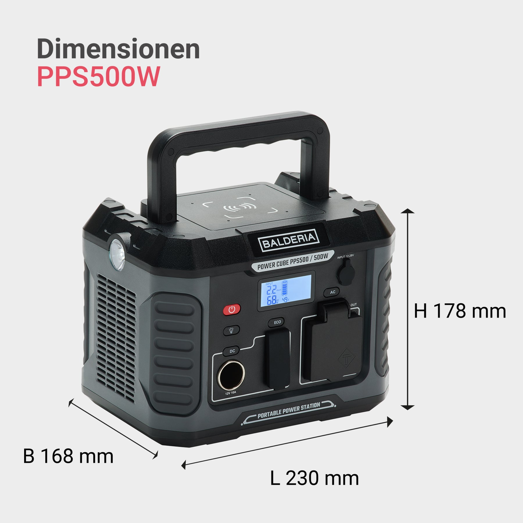 Tragbare Powerstation mit Abmessungen. Dunkelgrau mit schwarzen Akzenten. Griff oben.