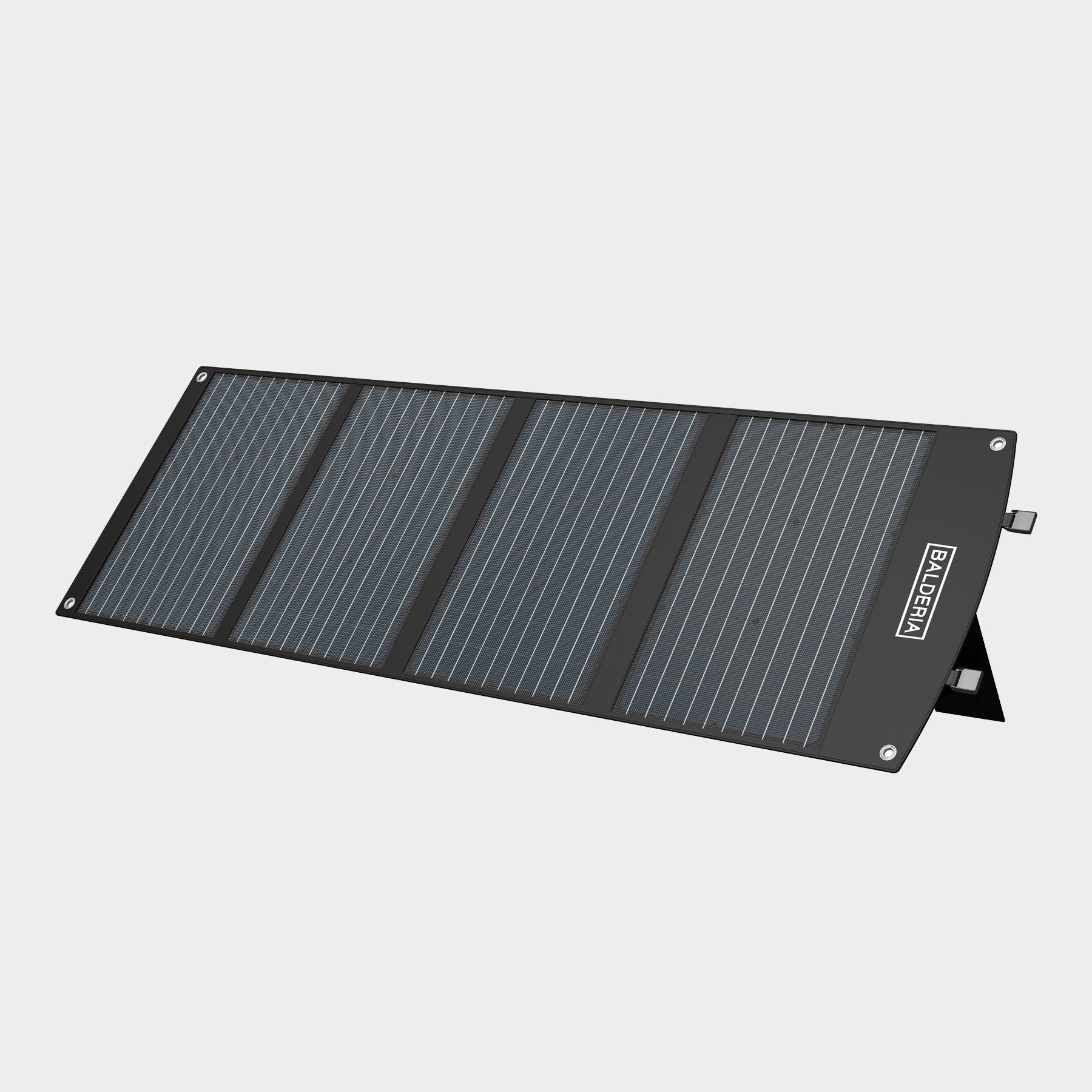 Schwarzes Solarpanel. Das Panel ist rechteckig mit vier dunklen Abschnitten und einem Rahmen. Hat einen Ständer.