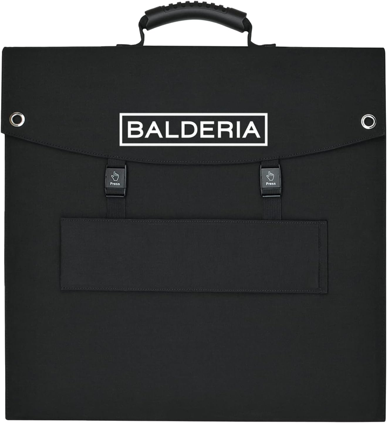 Ein gefaltetes schwarzes Solarpanel mit einem weißen BALDERIA-Logo auf hellgrauem Hintergrund.