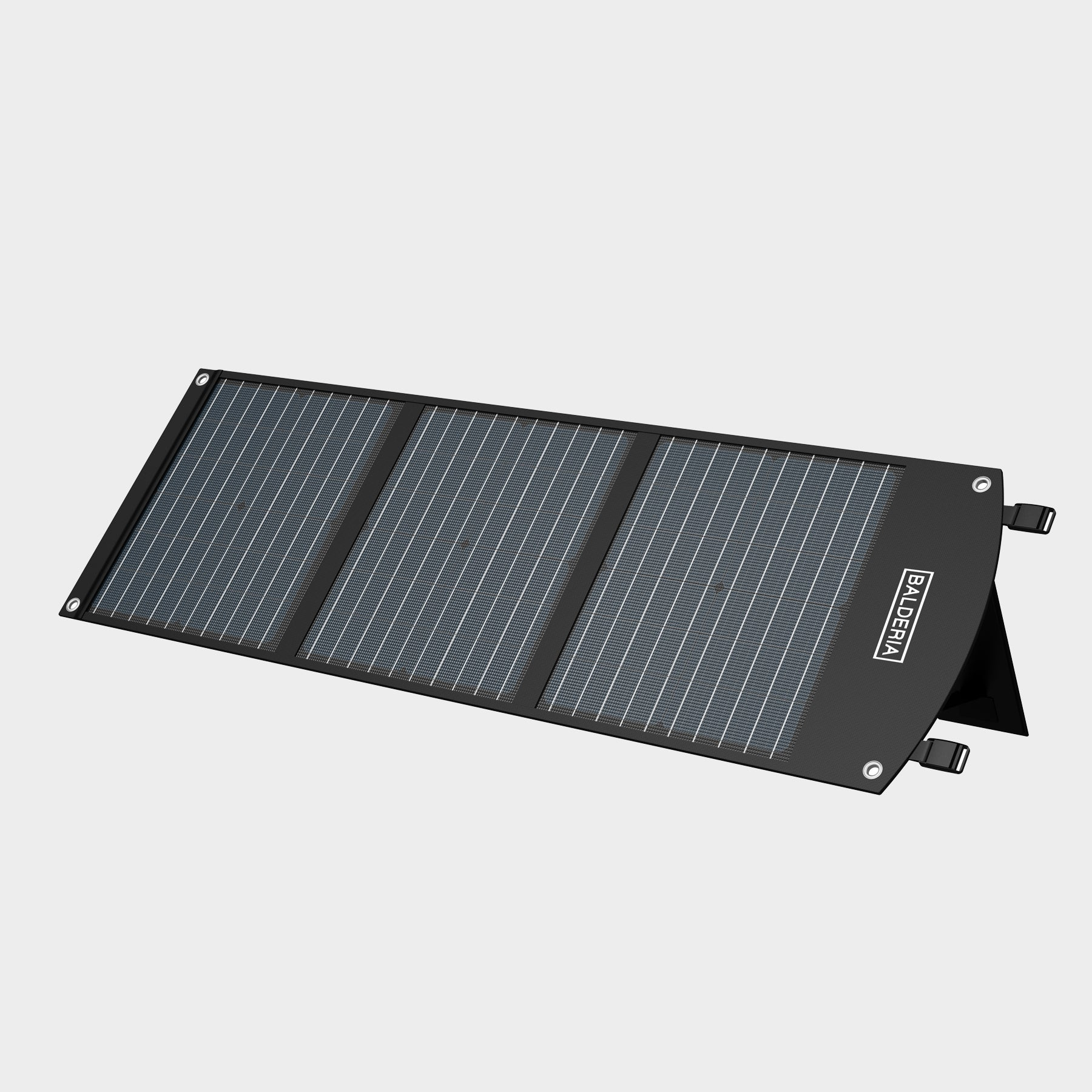 Schwarzes Solarpanel, abgewinkelt, mit drei Abschnitten.