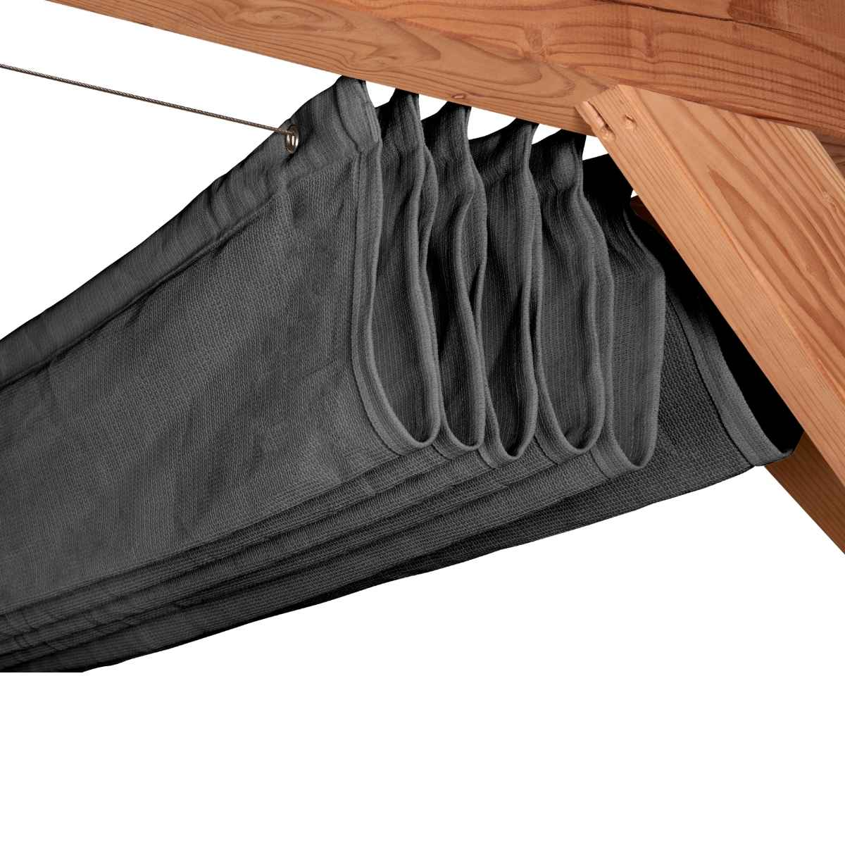 Abat-jour en tissu gris suspendu à une structure en bois.