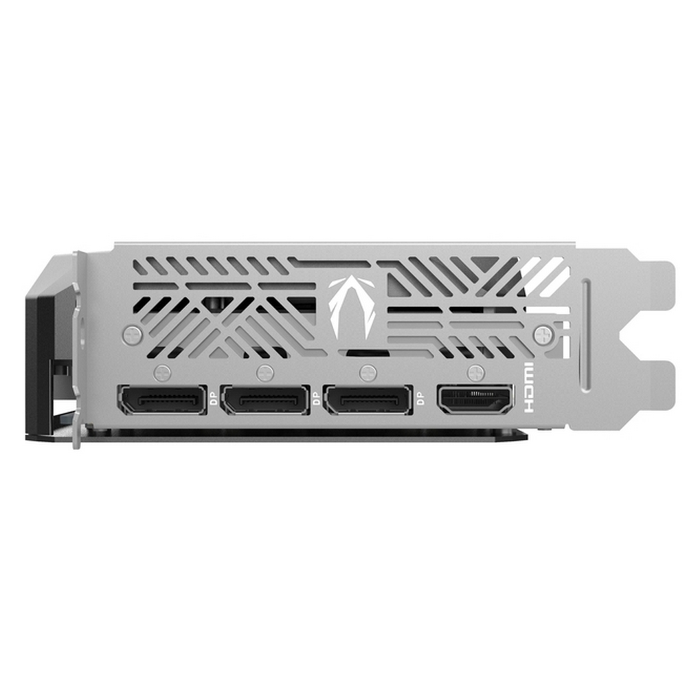 Czarna karta graficzna, widoczne różne porty. Srebrna obudowa z logo Zotac.