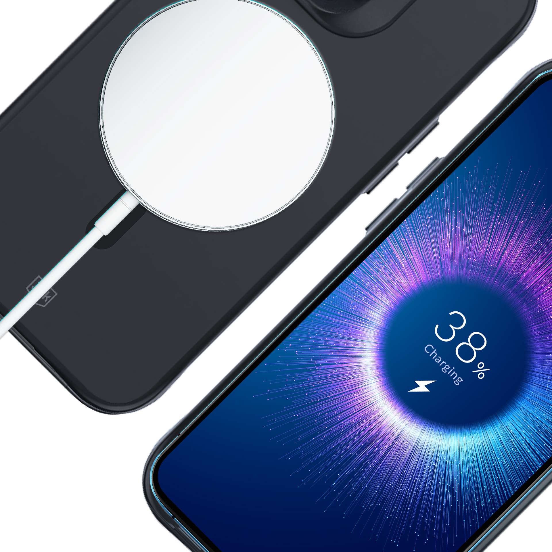 Telefon ładujący się bezprzewodowo z ładowarką. Ekran pokazuje 38% naładowania.