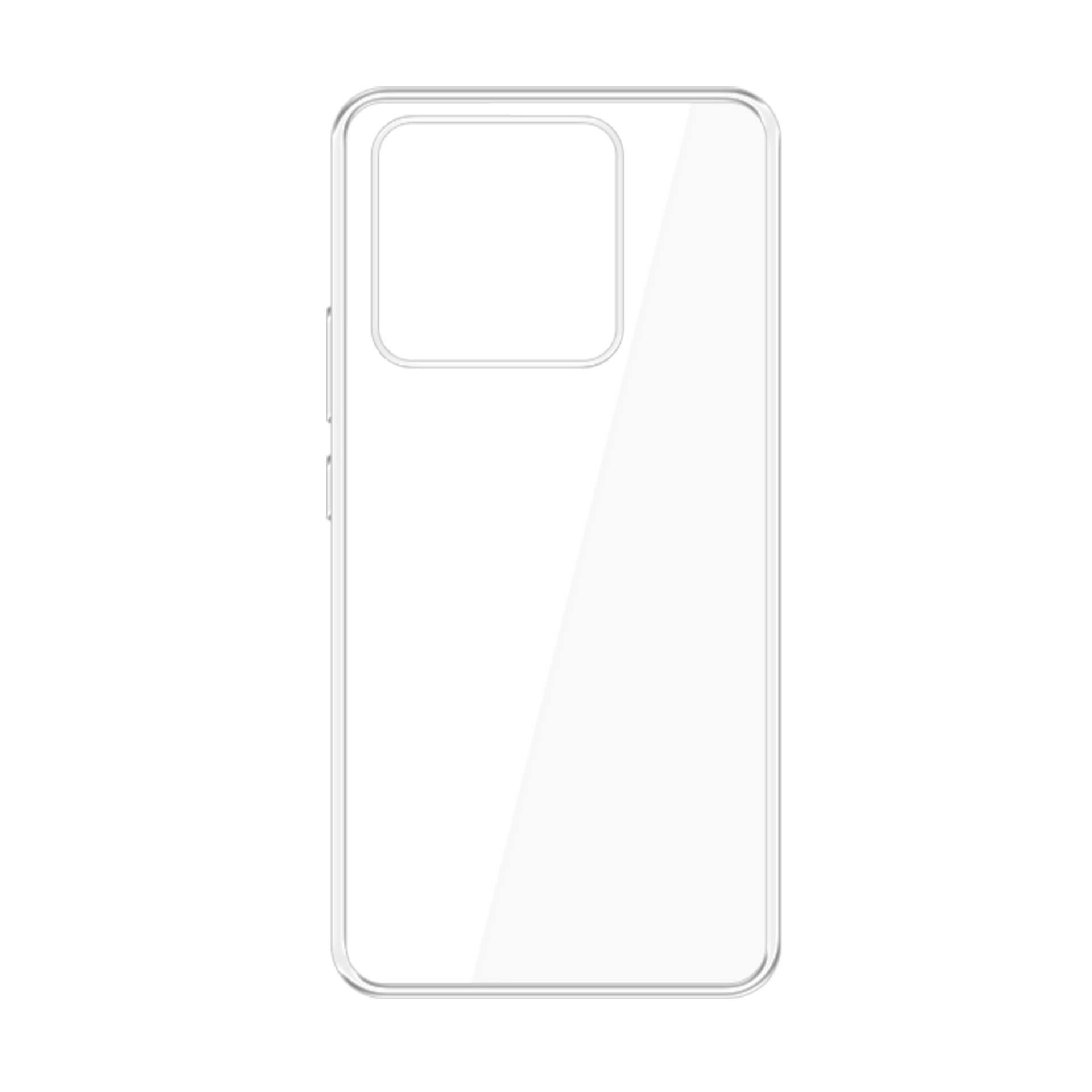 Custodia trasparente per telefono, che mostra il retro. La custodia è vuota e ha un ritaglio per la fotocamera.