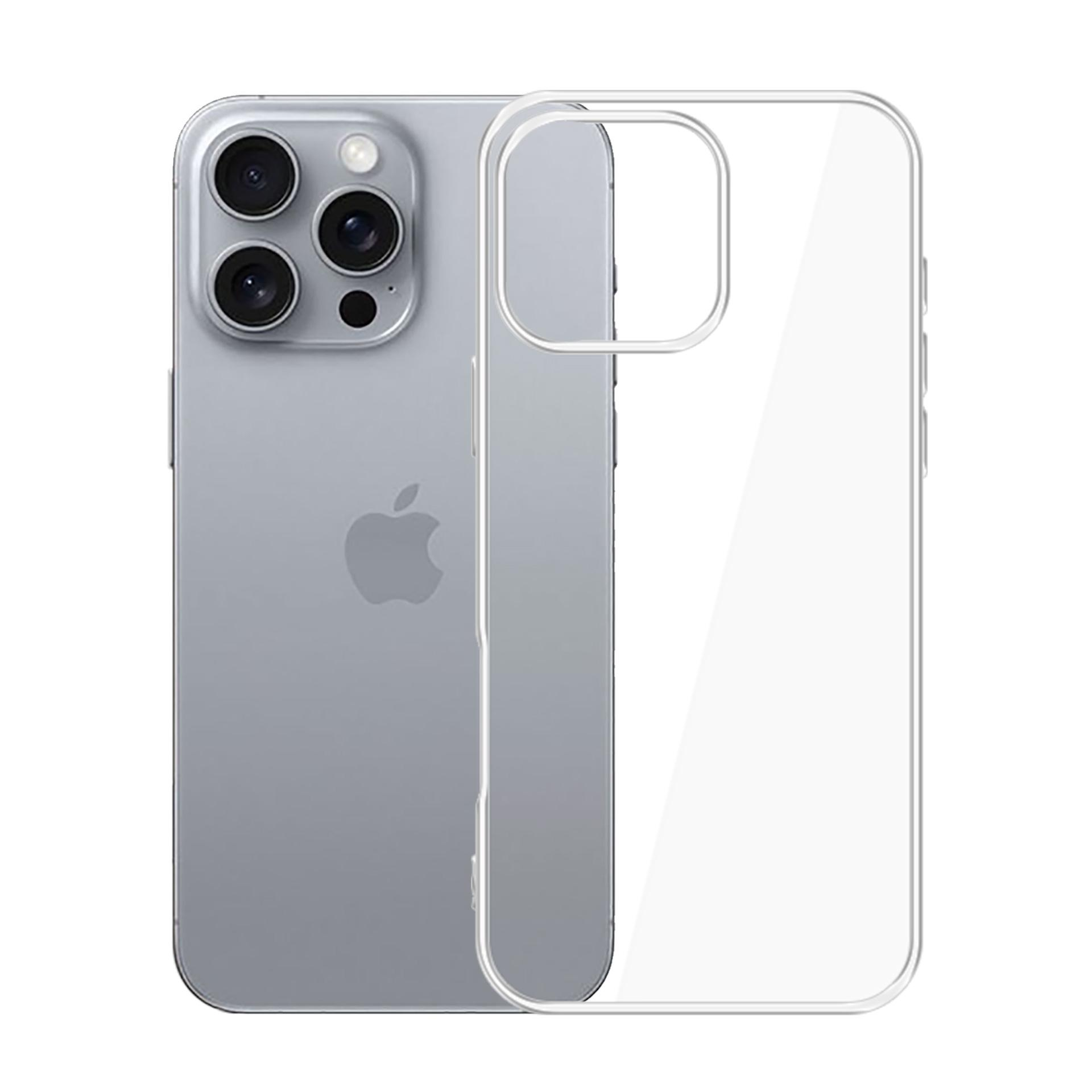 Srebrny iPhone z przezroczystym etui. Etui pokazuje tył telefonu i konfigurację aparatu.