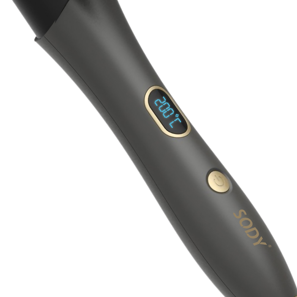 Un primo piano di un prodotto per lo styling dei capelli grigio con un display digitale della temperatura e il logo Sody.