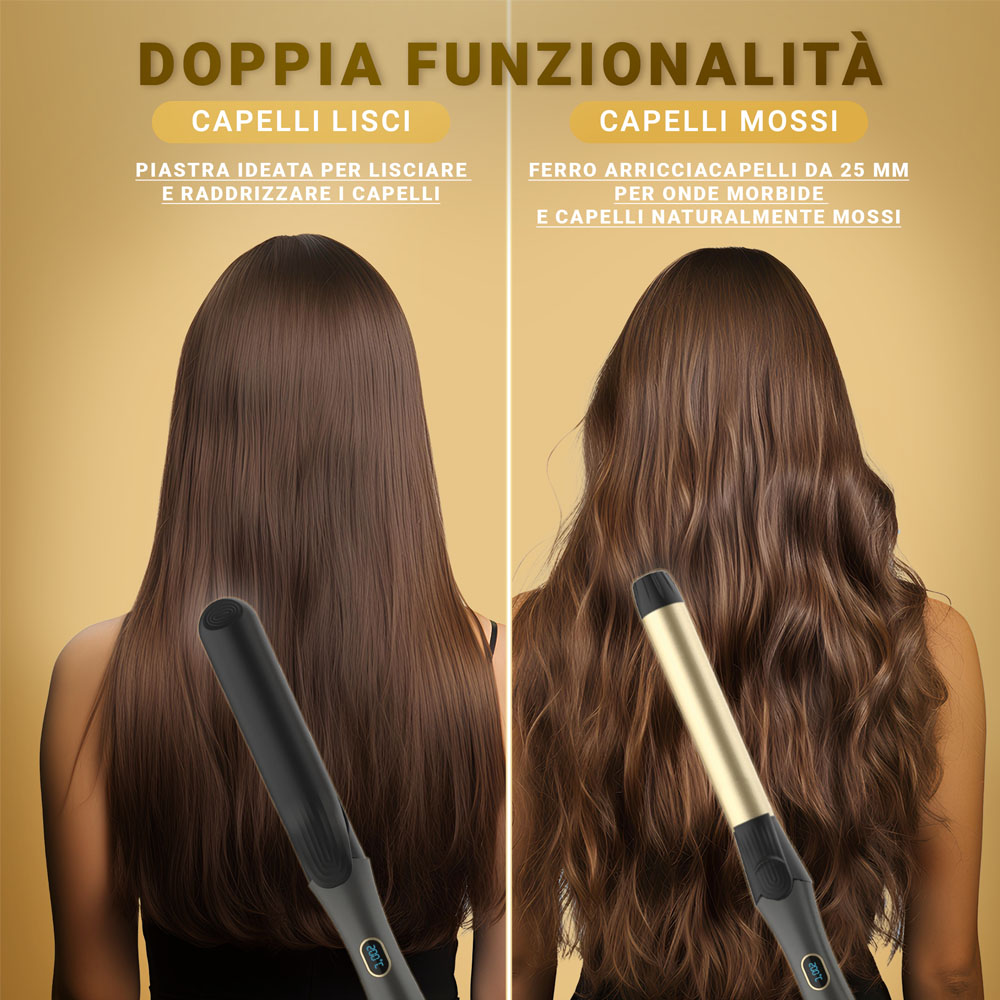 Due donne, ciascuna con capelli lisci e mossi. Ogni capello è acconciato con un ferro arricciacapelli nero e oro.