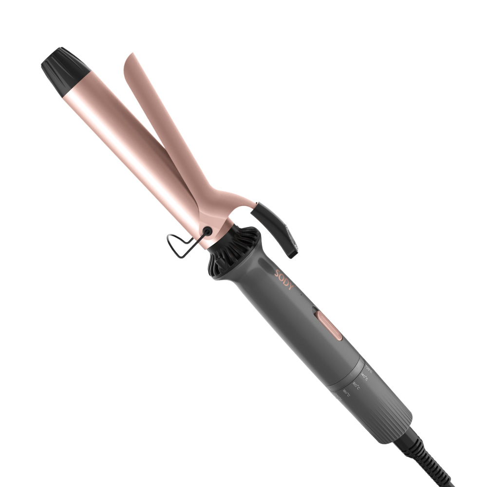 Un arricciacapelli rosa e grigio. Il marchio è Sody. Lo sfondo è bianco.