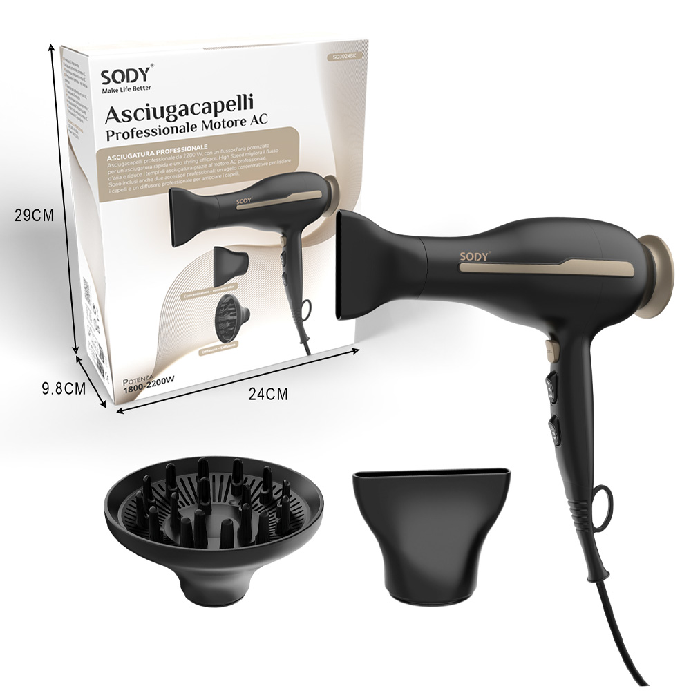 Asciugacapelli con scatola. L'asciugacapelli è nero e oro, con accessori. Lo sfondo è bianco.