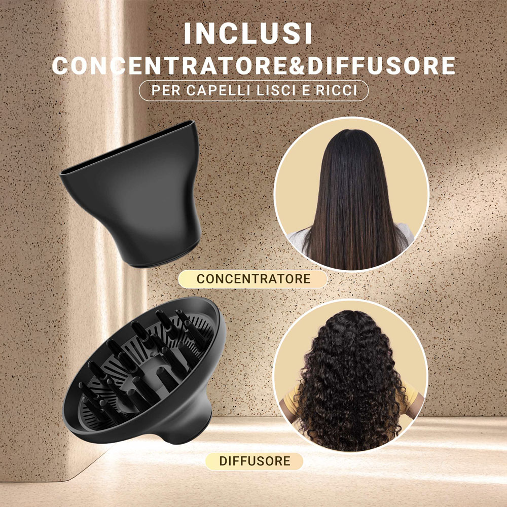 Piastra e diffusore per capelli neri. Include esempi di utilizzo per capelli lisci e ricci.