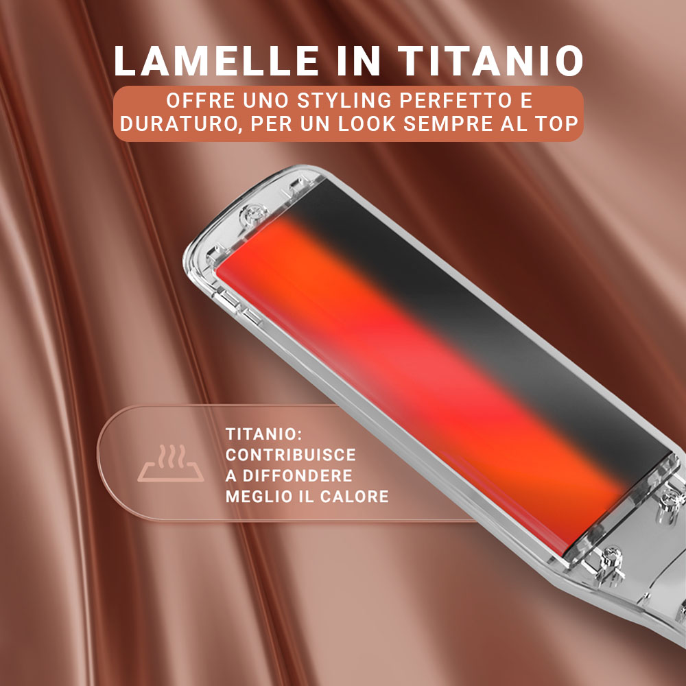 Piastra per capelli con piastre in titanio. Testo in italiano. Schema colori marrone e nero.