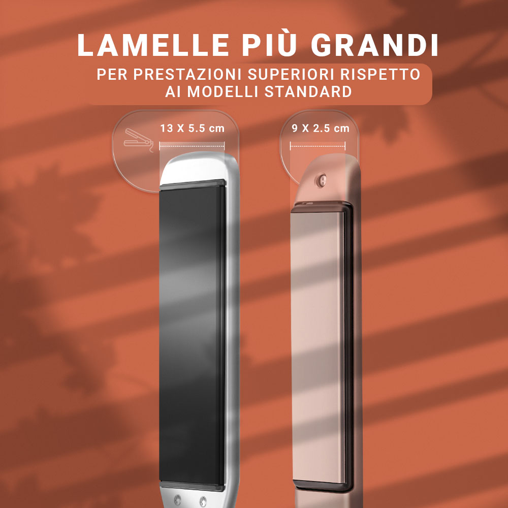 Due piastre per capelli. Testo in italiano. Argento e oro rosa. Sfondo arancione.