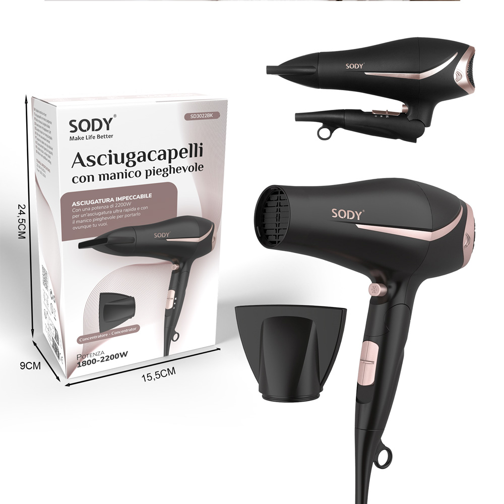 Asciugacapelli in una scatola, con specifiche e componenti separati, con dimensioni.
