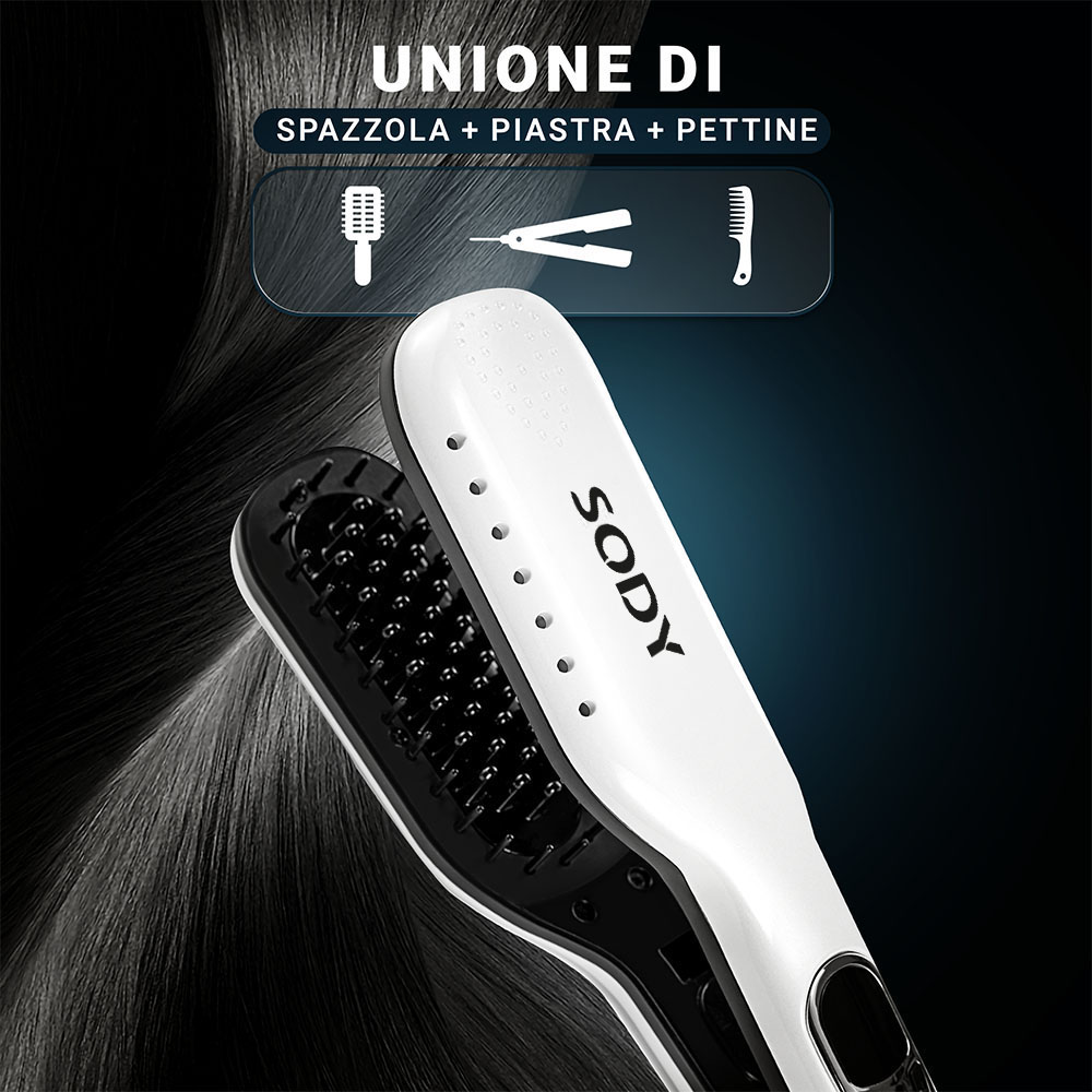 Piastra per capelli, bianca e nera. Le icone mostrano una spazzola, una piastra e un pettine. Il marchio SODY è sul dispositivo.