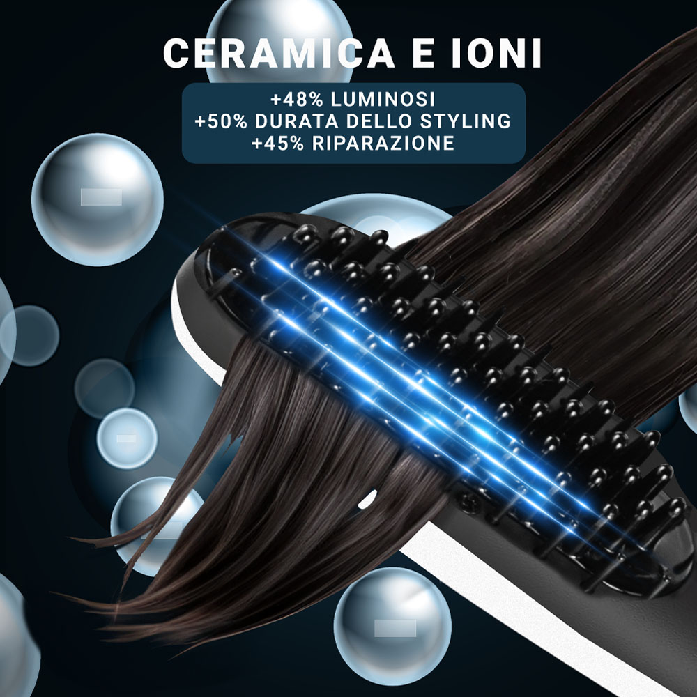 Piastra per capelli con setole nere, che liscia i capelli scuri. Il testo dice +48% luminosità, +50% durata dello styling, +45% riparazione.