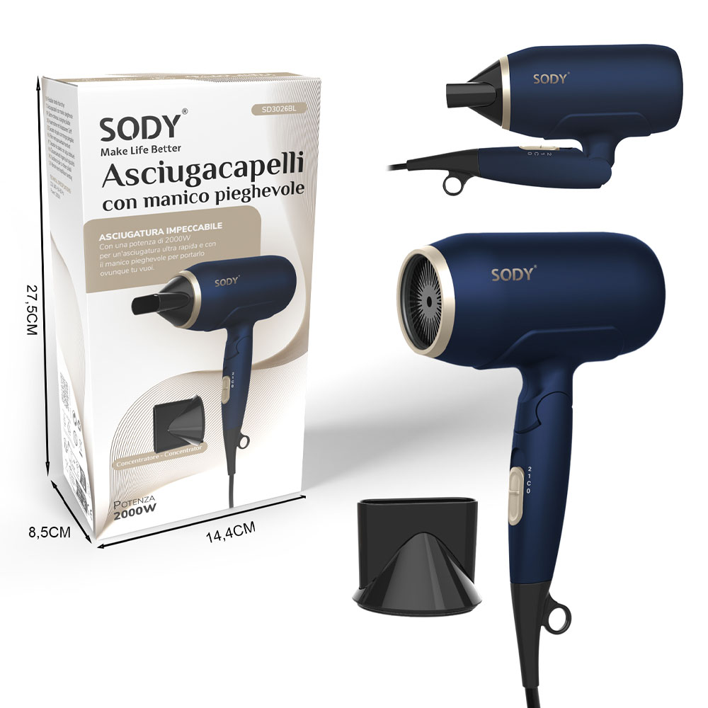 Scatola con un asciugacapelli blu, il marchio SODY e i dettagli del prodotto. Mostra un asciugacapelli da diverse angolazioni. 2000W.