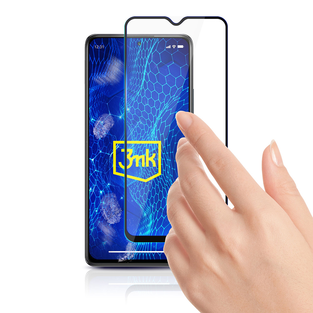 Ręka dotyka ekranu telefonu z ochroną. Telefon wyświetla niebieski wzór plastra miodu i logo: 3mk.