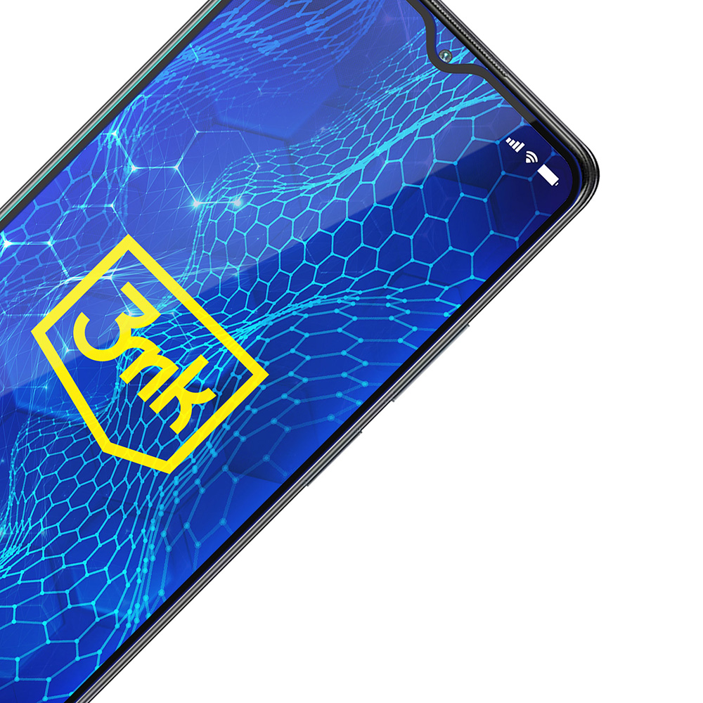 Zbliżenie na ekran telefonu z niebieską grafiką i żółtym logo.