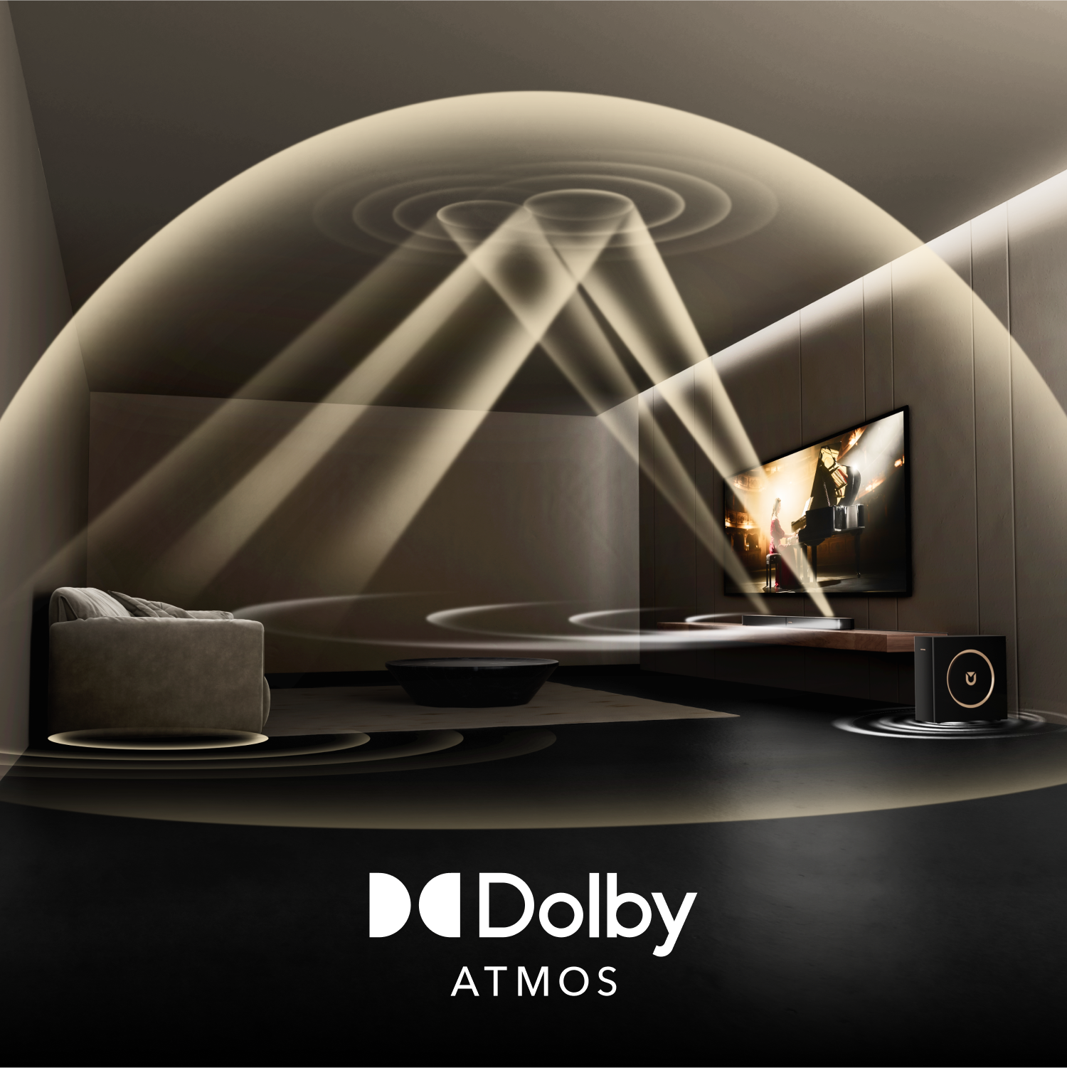 Interno con TV, soundbar, subwoofer. Raggi di luce emanano dalla TV. Testo: Dolby Atmos.