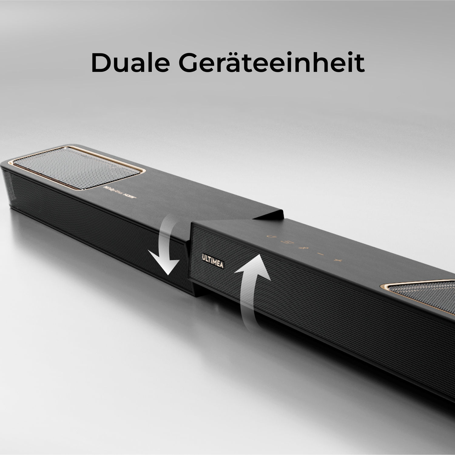 Zwei schwarze Soundbars, eine teilweise getrennt. Pfeile zeigen die Trennung. Text oben lautet: Dual Device.