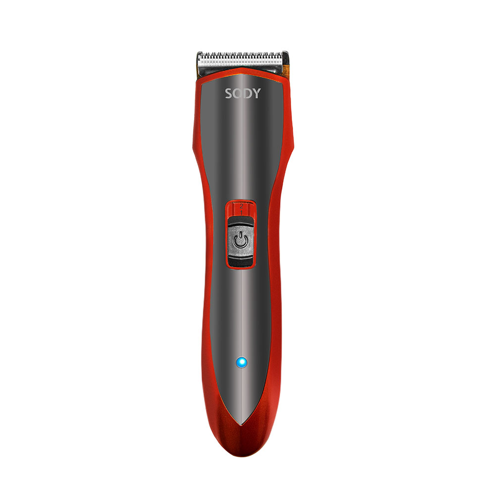 Tagliacapelli elettrico rosso e grigio. Ha un pulsante di accensione e un indicatore luminoso blu.