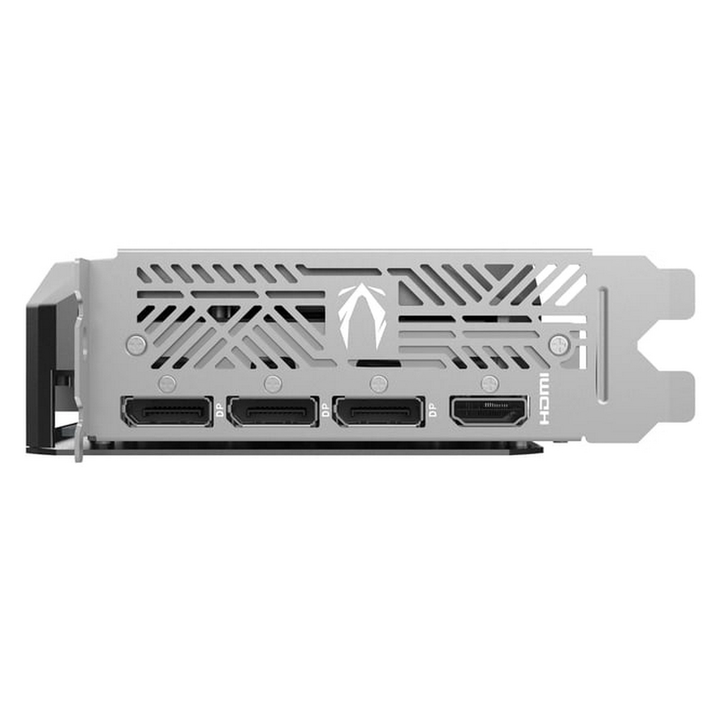 Widok z boku karty graficznej. Posiada porty i szczegóły. Szary i czarny z logo.