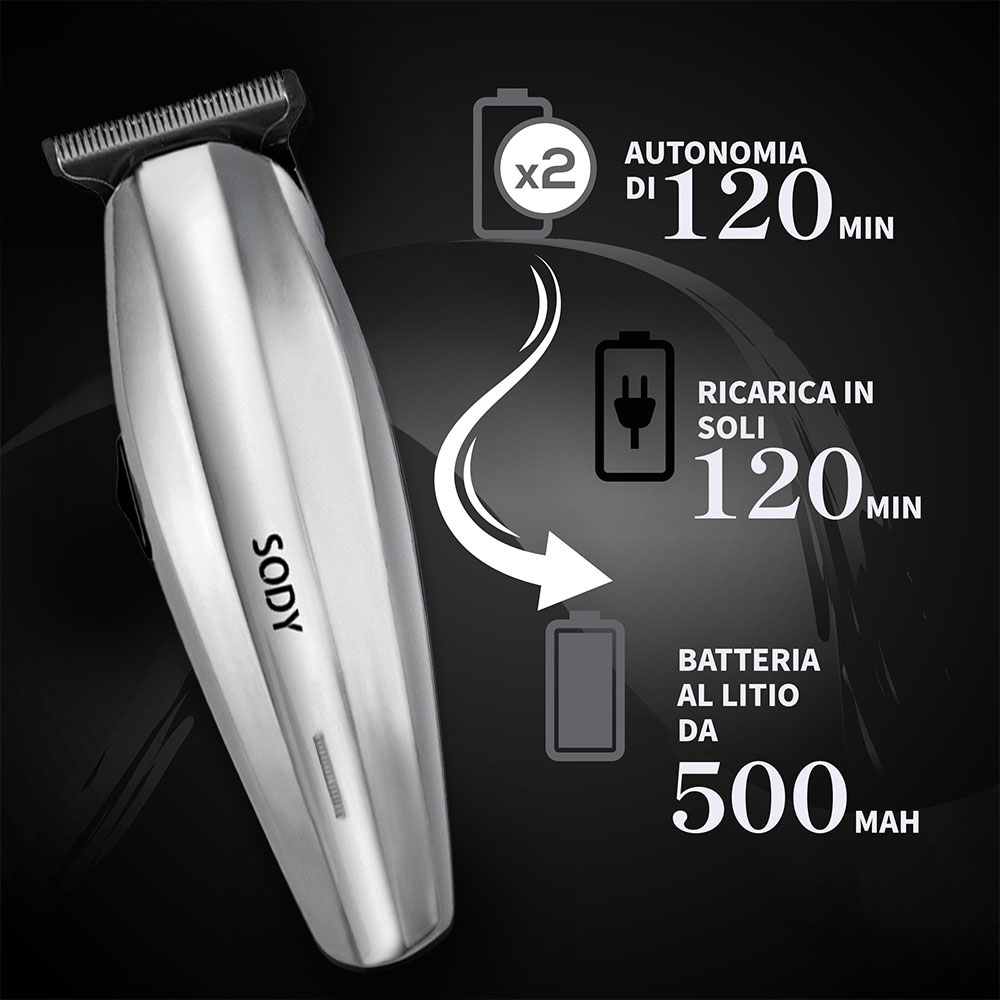 Un rasoio argentato con testo e icone della batteria. Mostra 120 min di durata e tempo di ricarica, e 500 mAh.