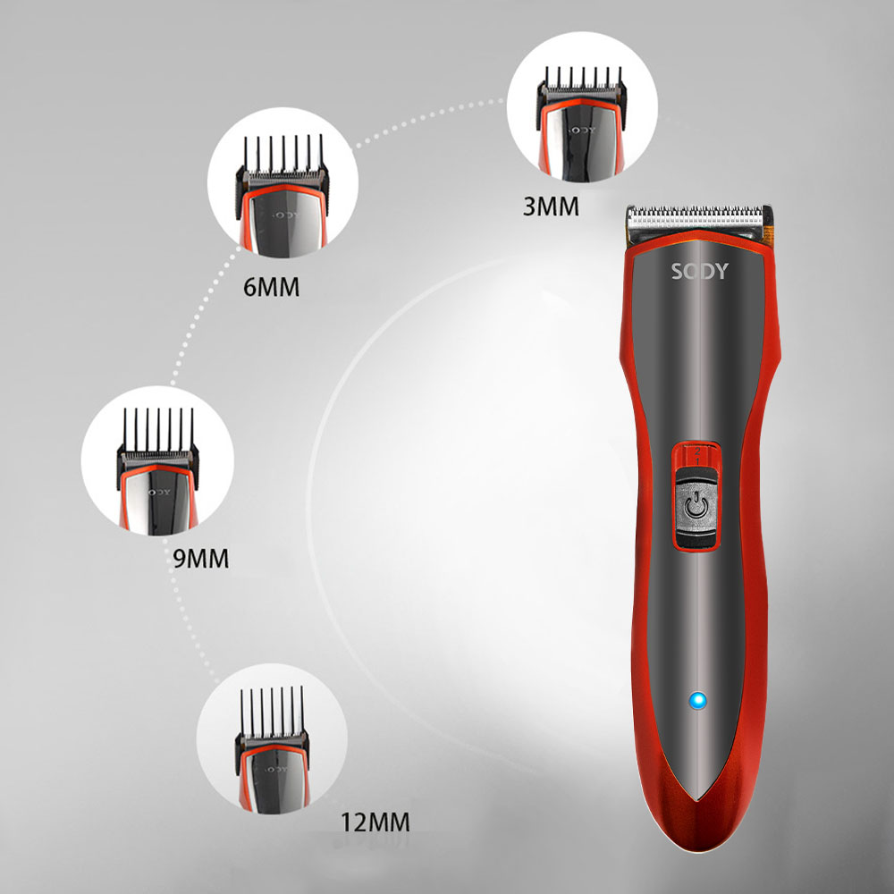 Un rasoio con corpo rosso e grigio. Quattro diagrammi mostrano le opzioni di lunghezza dei capelli e un rasoio.