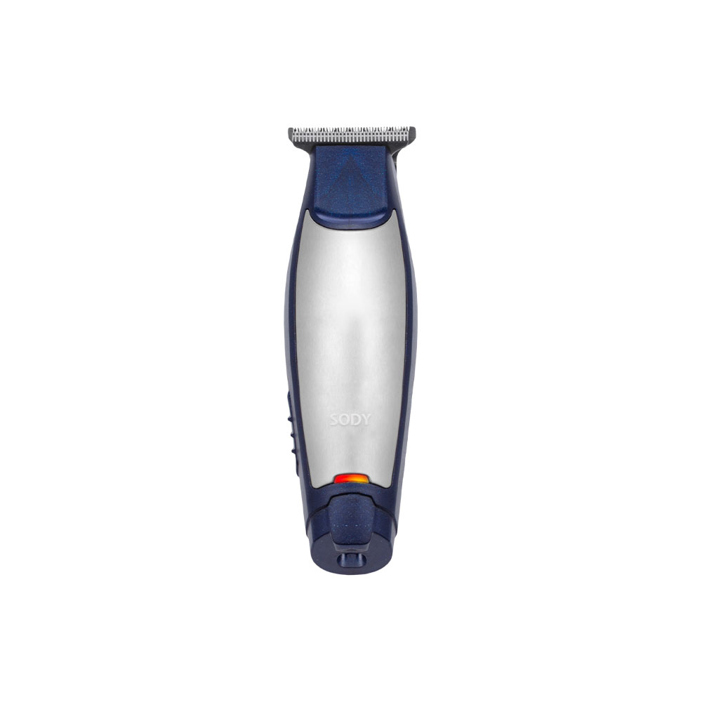 Un trimmer Sody blu e argento, isolato su bianco. Il trimmer ha una lama in alto e una luce rossa alla base.