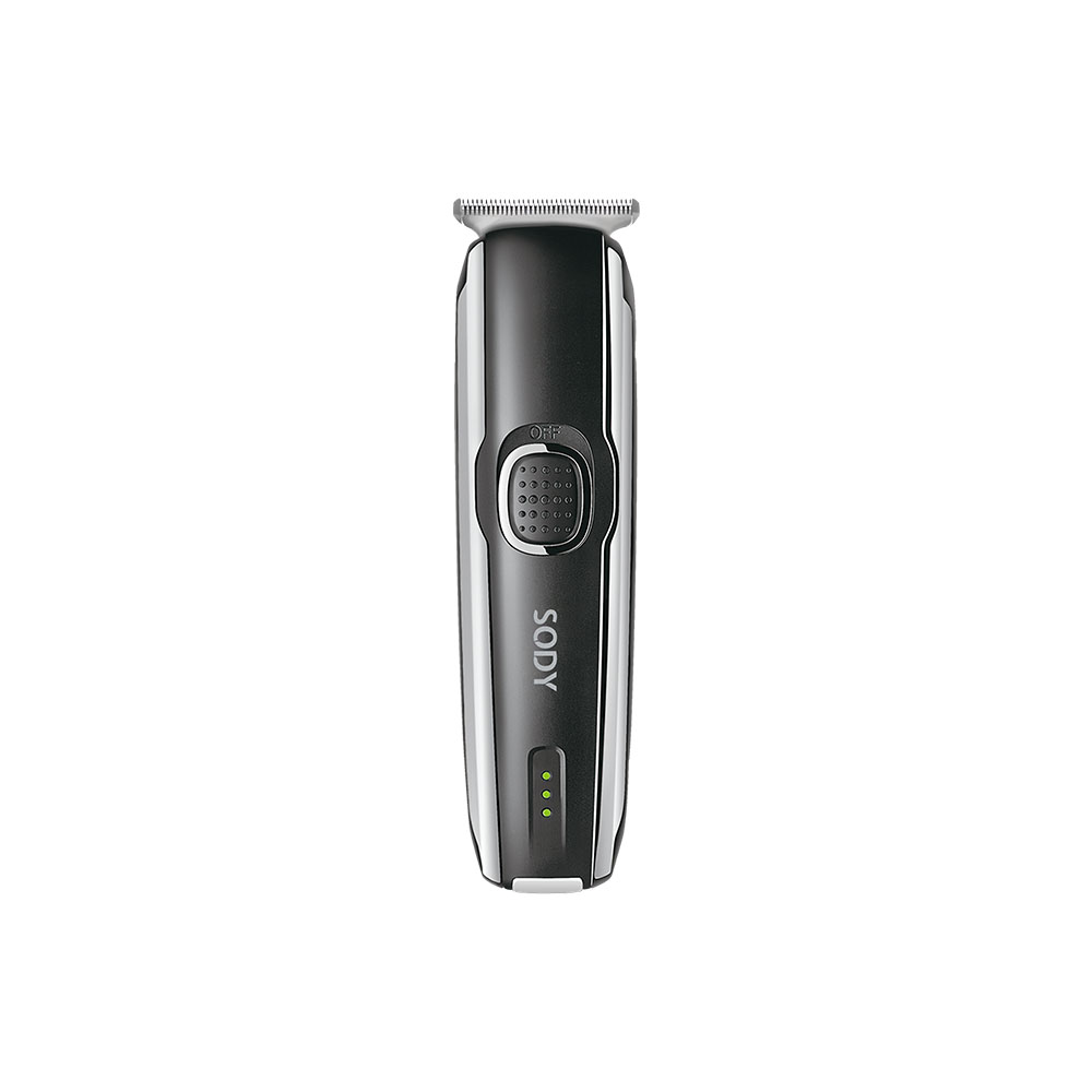 Un trimmer Sody nero e argento, isolato su bianco. Ha un pulsante 'OFF' e tre spie verdi.