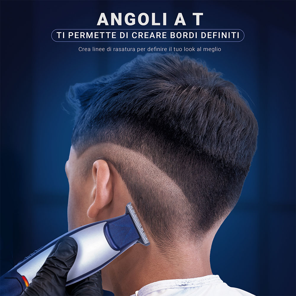 Persona che usa un trimmer per tagliare i capelli. Testo: ANGOLI A T, TI PERMETTE DI CREARE BORDI DEFINITI. Crea linee di rasatura.