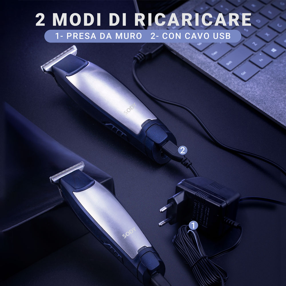 Due trimmer Sody con cavi di ricarica, uno collegato a una presa a muro, l'altro a un laptop. Il testo evidenzia le modalità di ricarica.