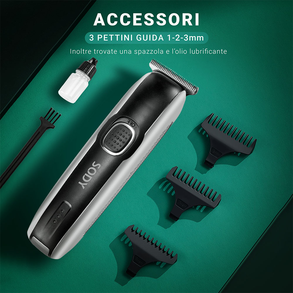 Un trimmer Sody con accessori: tre pettini guida, una spazzola e olio lubrificante. Testo: ACCESSORI, 3 PETTINI GUIDA.