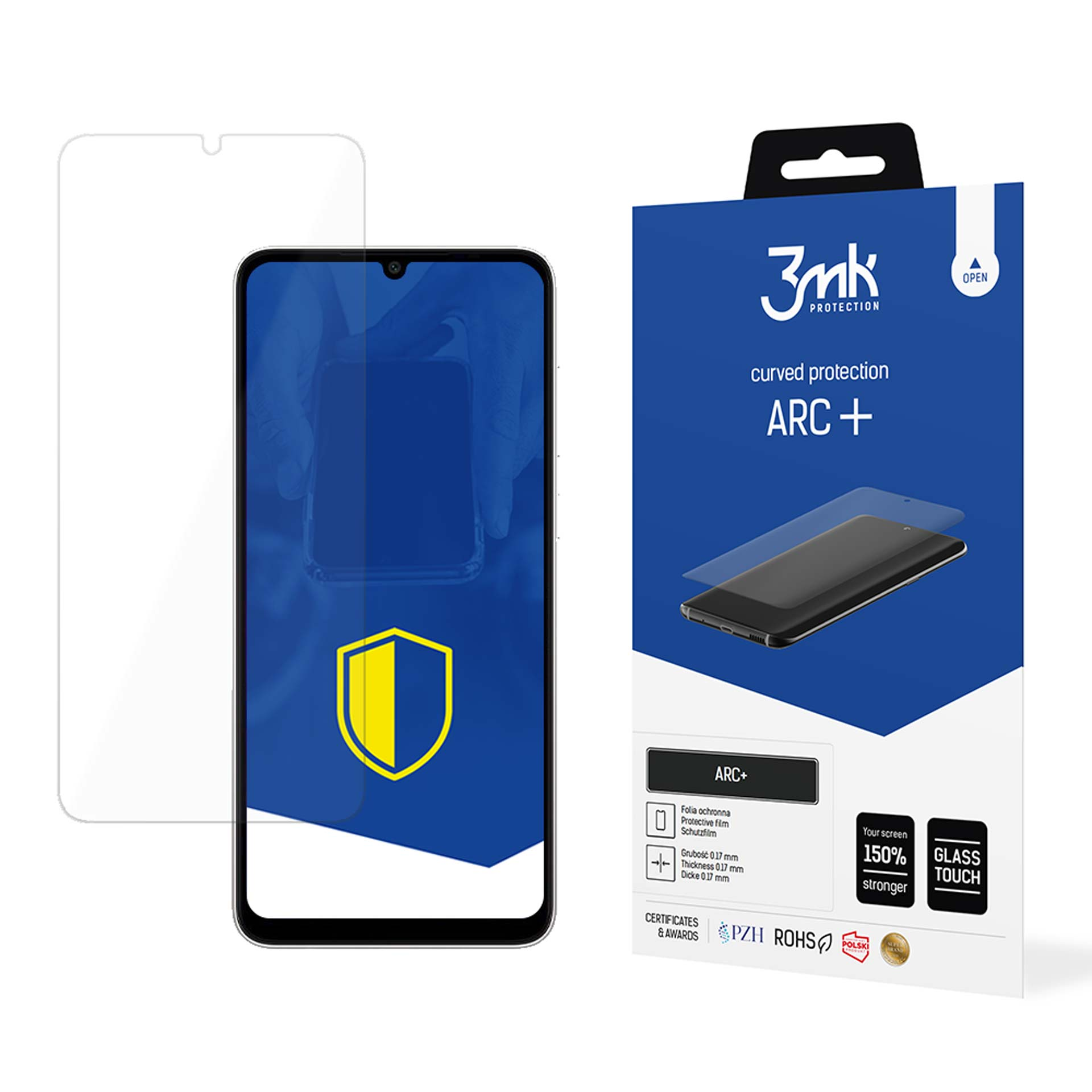 Telefono con protezione schermo e scatola. Il telefono mostra un logo a scudo. La scatola mostra ARC+.