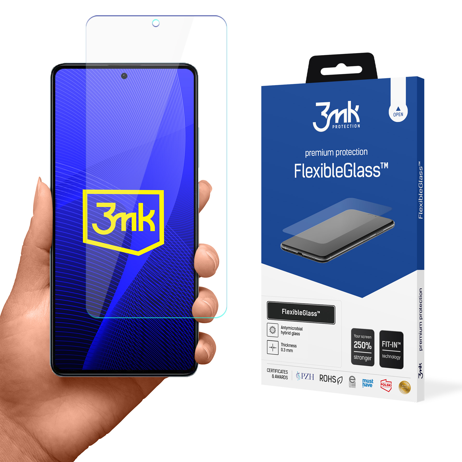 Una mano che tiene un telefono con una protezione per lo schermo. Accanto una scatola. Il telefono mostra il logo 3mk.