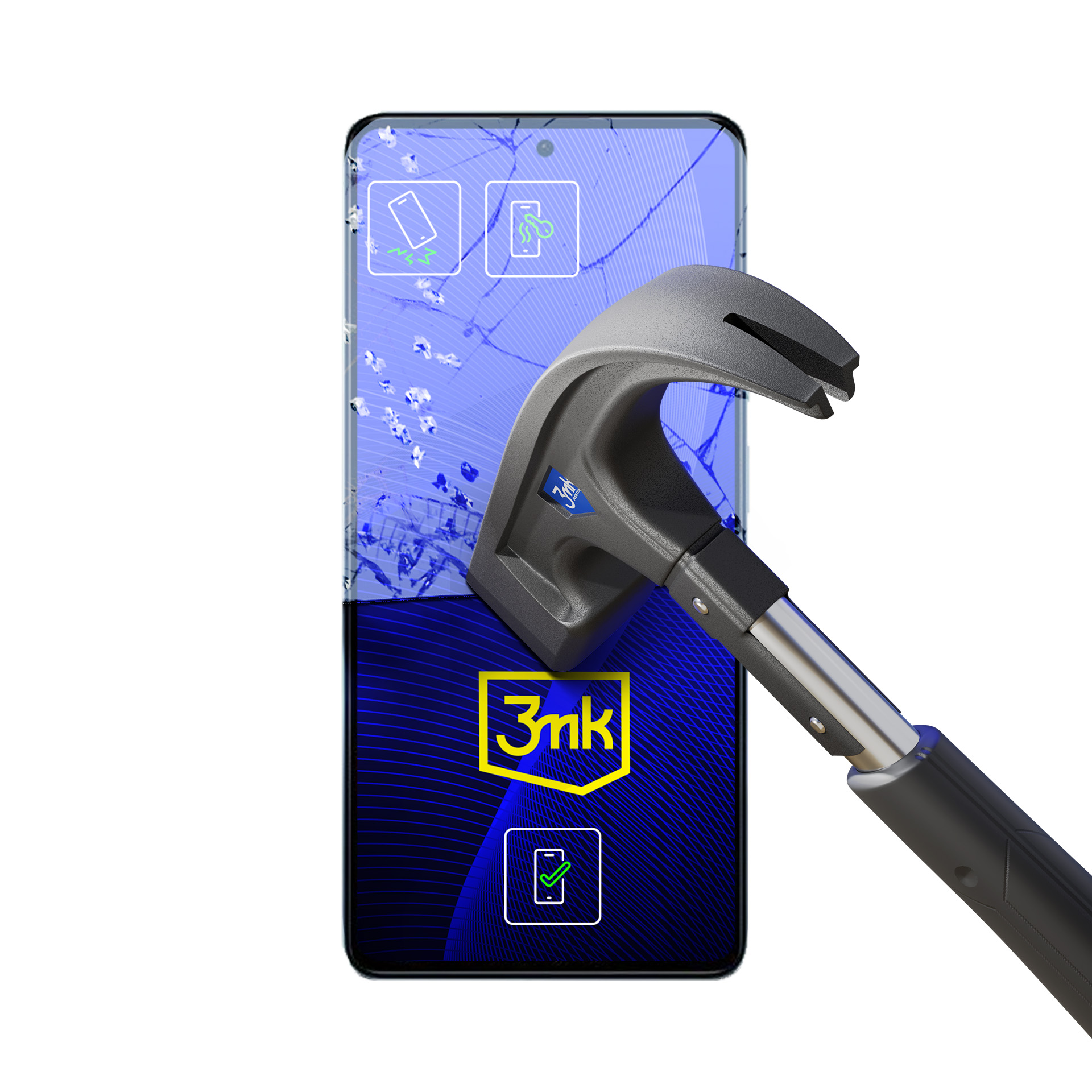 Un telefono con schermo rotto viene colpito con un martello. Il telefono ha un logo 3mk.